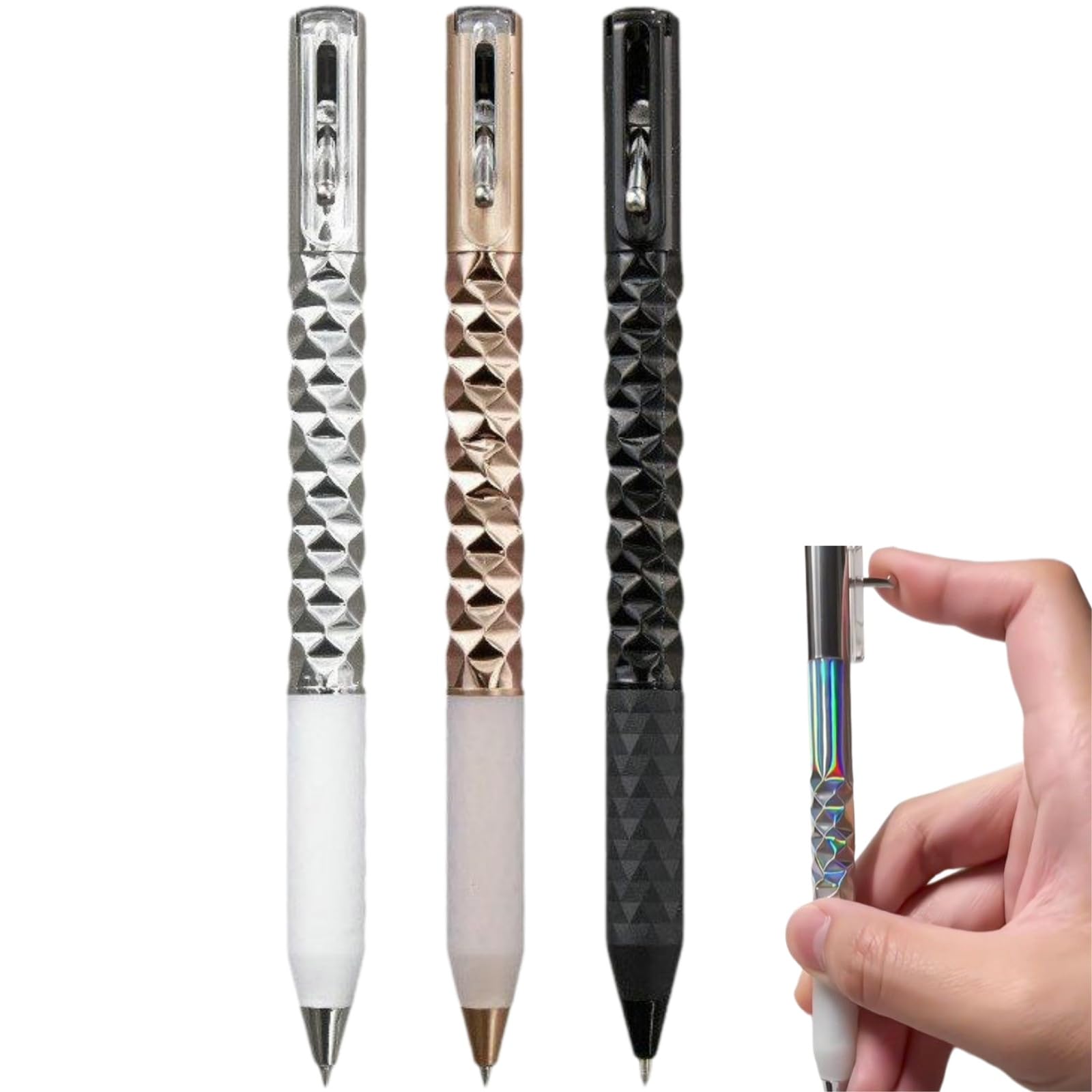 3pcs Geometric Metal Crinkle Fidget Pens,Black Gel Pens for Writing,0.5mm Retractable Handwriting Pens with Stylus Tip,Retractable Crinkle Pen,Smooth Quick-Drying Ink,Suitable for School and Office