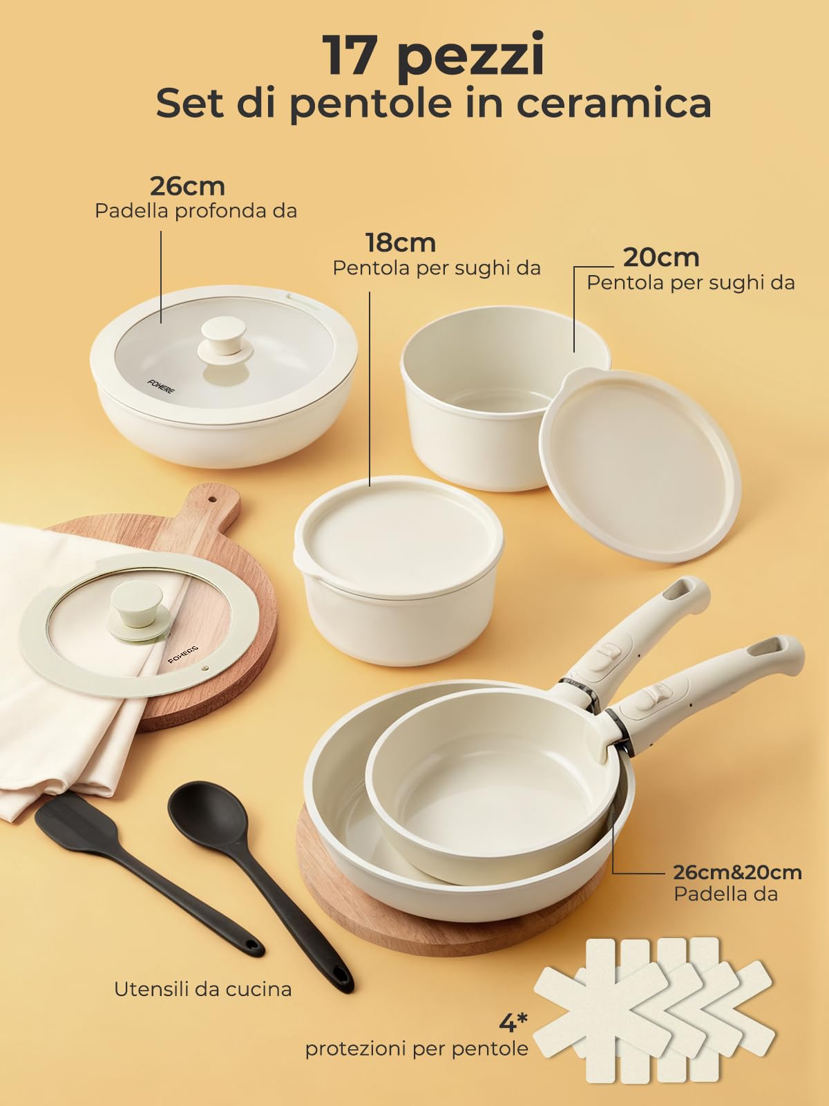 Set Di Pentole 17 Pezzi Con Manici Rimovibili, Padelle Ceramica Non Tossiche, Pentole Antiaderente, Impilabile Per Tutti I Piani Cottura, Adatto Al Forno, Impilabile E Lavabile In Lavastoviglie
