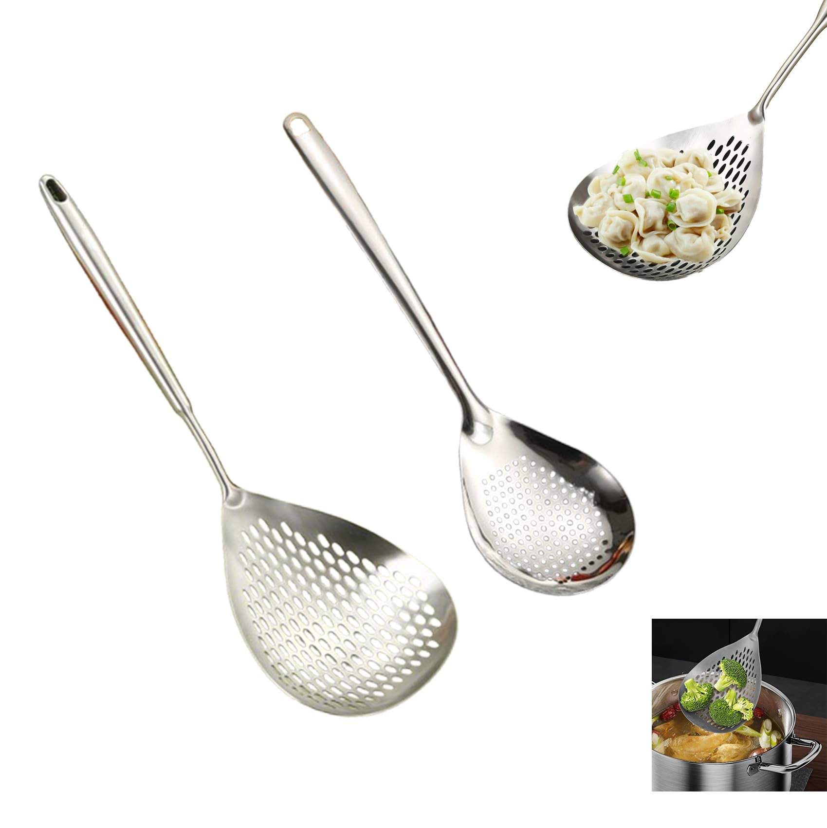 2 Pack Stainless Steel Skimmer Slotted Spoon Set for Frying and Cooking - Pasta Spider Strainer Ladle Spoon Combo - Kitchen Essential for Efficient Cooking and Straining