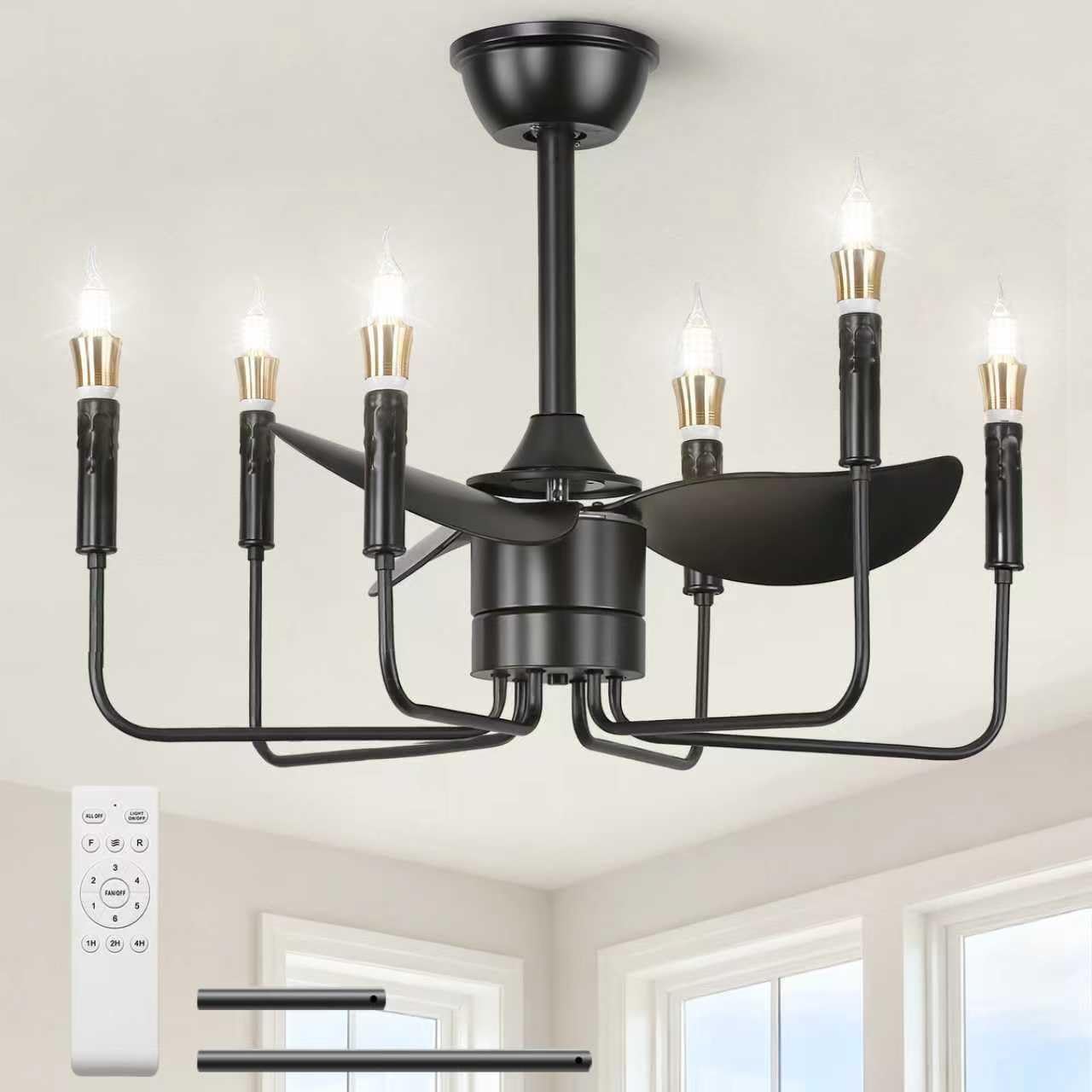 2-in-1 Ceiling Fan with Light, Black Chandelier Fan with Remote, Reversible Motor & 6-Speed Timer, for Bedroom, Dining Room, Living Room, Kitchen, Industrial Farmhouse Hanging Light Fixture