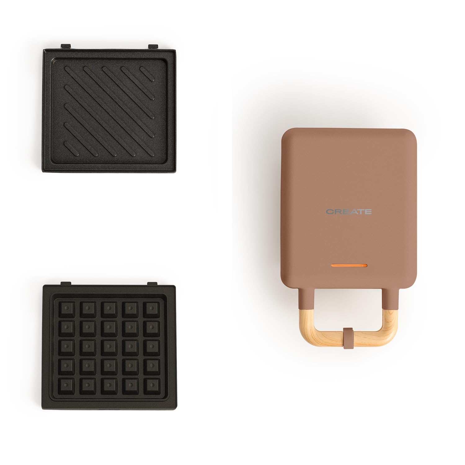 CREATE/STONE STUDIO/Tostiera individuale per sandwich e waffle Moka / 2 piastre intercambiabili: sandwich-grill e waffle, antiaderente, apertura 100º, autospegnimento, 600W