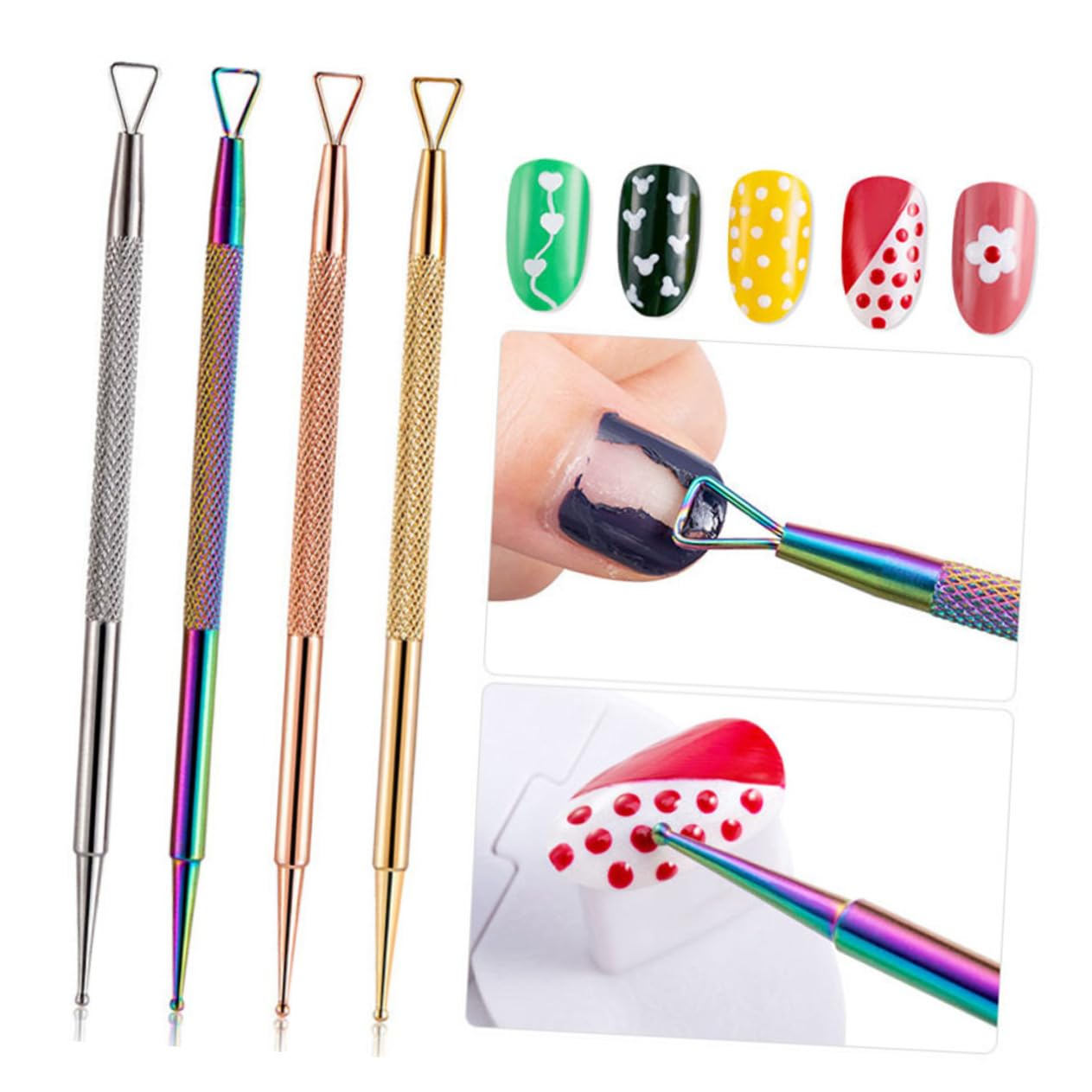 VICASKY Nail Dotting Pen Cuticle Pusher Set 4pcs Stainless Steel Tools for Nail Art Home Salon Use