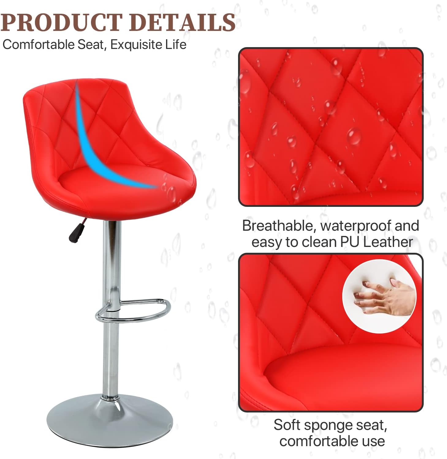 Dkeli Counter Height Bar Stools Set of 4 Leather Adjustable Bar Chairs for Kitchen Living Room Pub Swivel Bar Stool Armrest (Red)