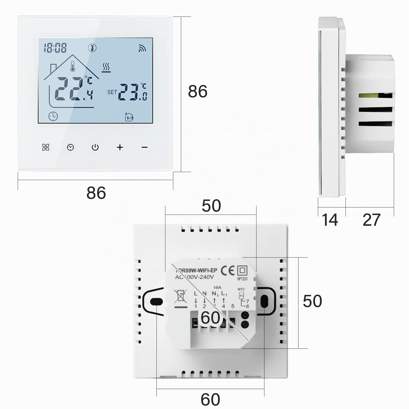 Beok Termostato Inteligente WI-FI para Calentamiento de Agua, TDR89W-WIFI-WP Termostato de Ambiente de Programación con Pantalla táctil LCD Digital Compatible Alexa Google Home Aplicación Tuya Blanco