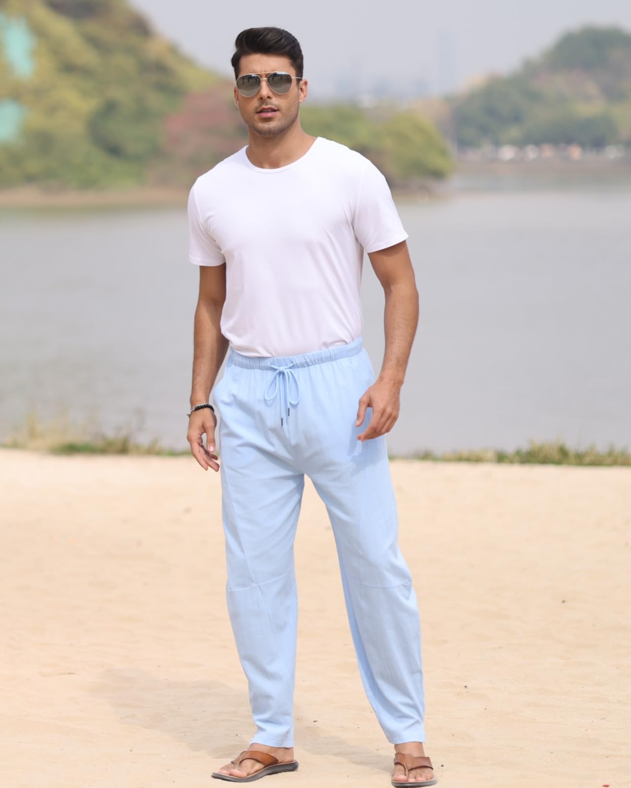 LAOARA Pantaloni di Lino da Uomo Pantaloni Leggeri Estivi Casual Pantaloni Elasticizzati in Vita Pantaloni da Spiaggia Yoga