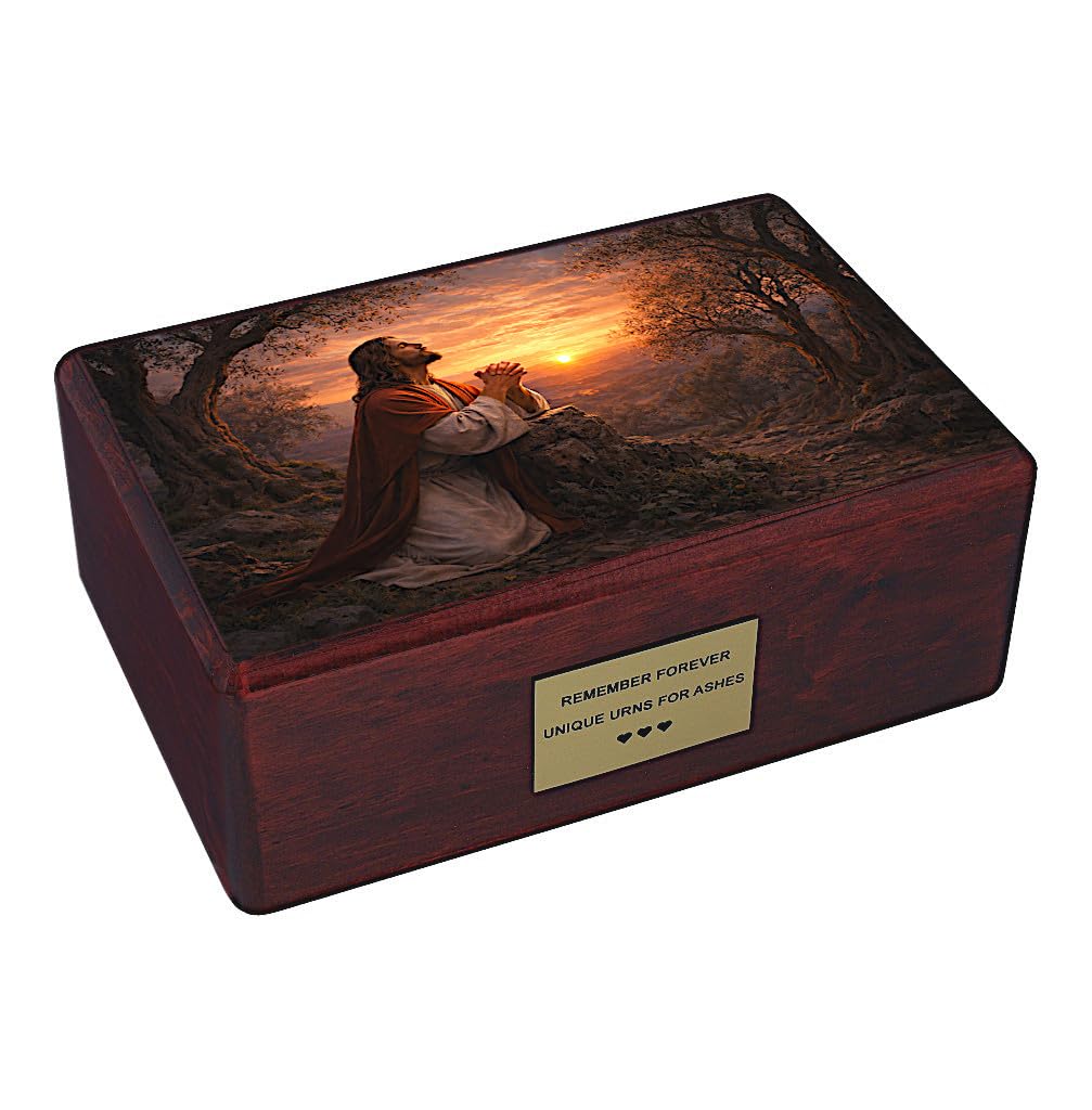 Catholic Cremation Urn for Adult Ashes with Jesus Praying in Gethsemane – Wooden Memorial Urn for Human Ashes, Religious Funeral Urn