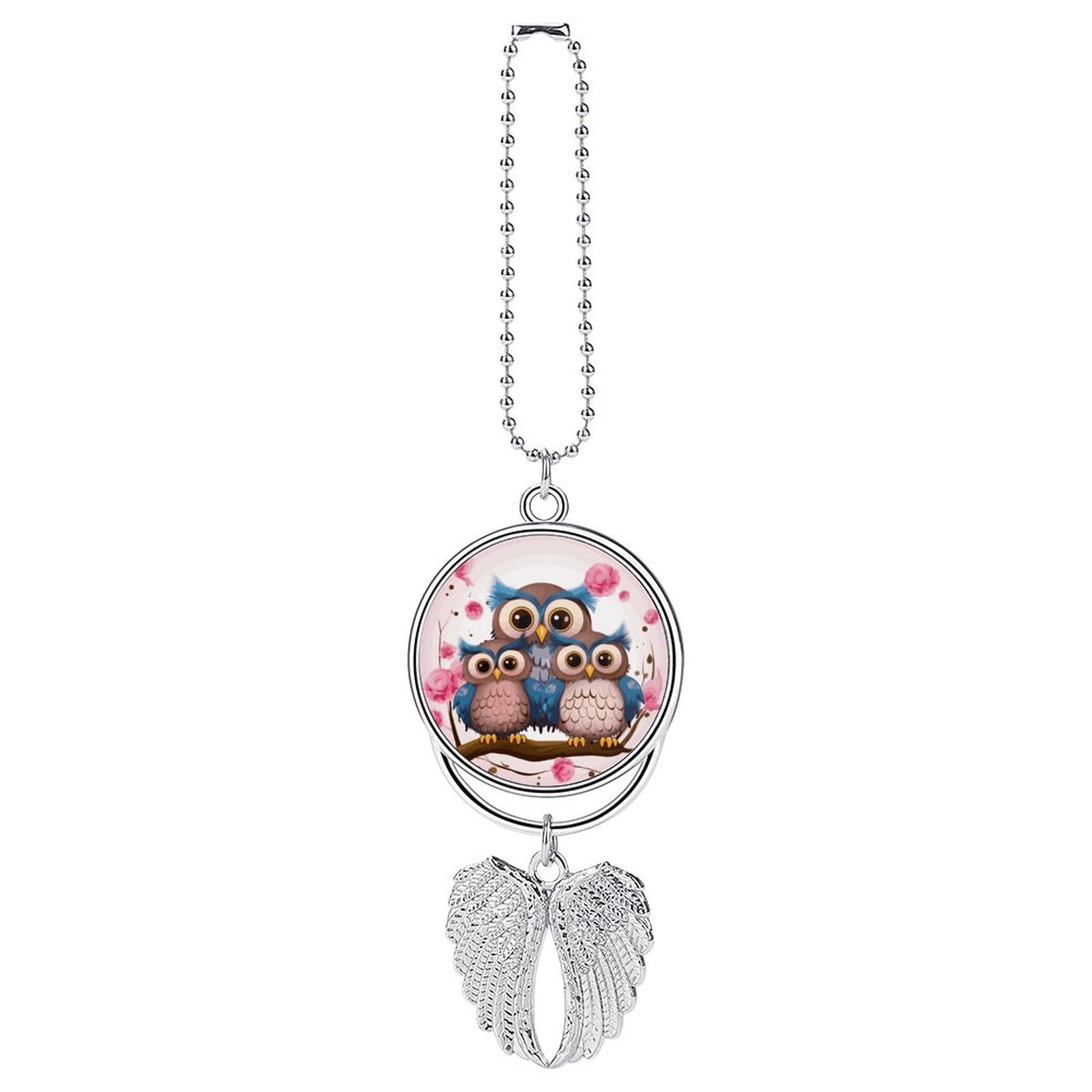 Cute Owls Car Charm, Alloy Rear View Mirror Pendant, Bling Funny Car Hanging Ornament Gift for Women Men, Car Pendant Lucky Auto Interior Decoration Accessories Silver-Style