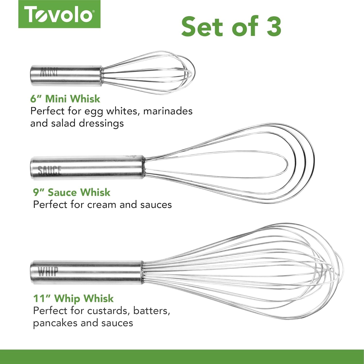 Tovolo Mini batidor de acero inoxidable de 6 pulgadas, batidor de 8 pulgadas, batidor de salsa de 10 pulgadas, batidor de 11 pulgadas y batidor de masa de 12 pulgadas, juego de 3
