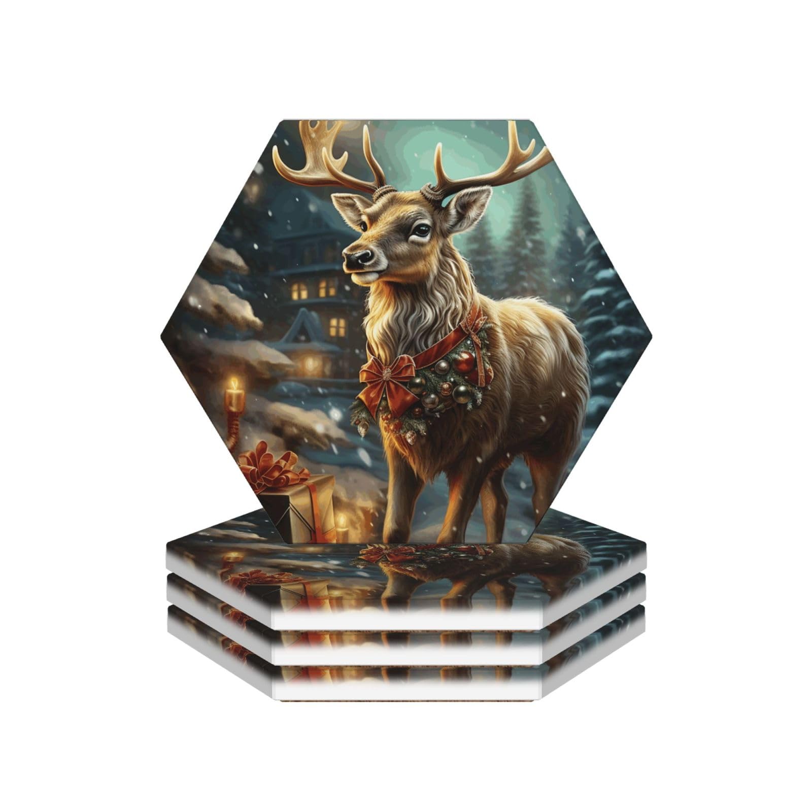 Drink Coasters Set of 4 Coffee Ceramic Coaster Reindeer Coasters for Drinks Coffee Cup Mat Heat Resistant Tabletop Protection Coaster Desk Accessorie Home Decorative