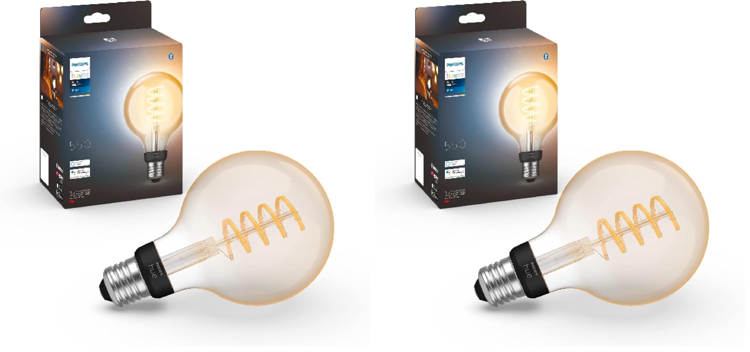 Philips Hue White E27 Filament G93 580lm, warmweißes Licht, dimmbar, steuerbar via App, kompatibel mit Amazon Alexa (Echo, Echo Dot) (Packung mit 2)