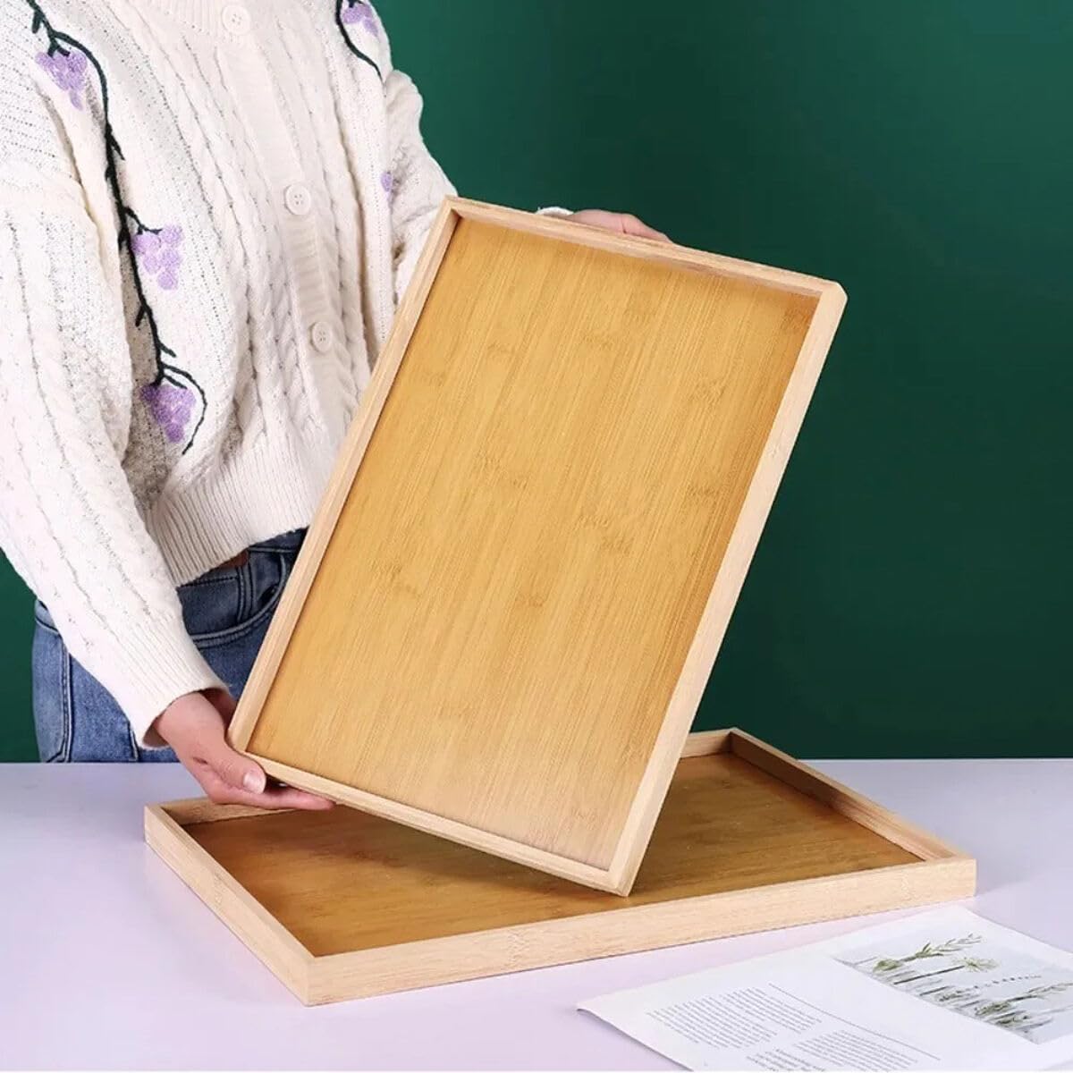 Vassoi rettangolari per Alimenti, vassoi da Portata in bambù da 22x33 cm per la conservazione delle Bevande in Cucina, Naturali