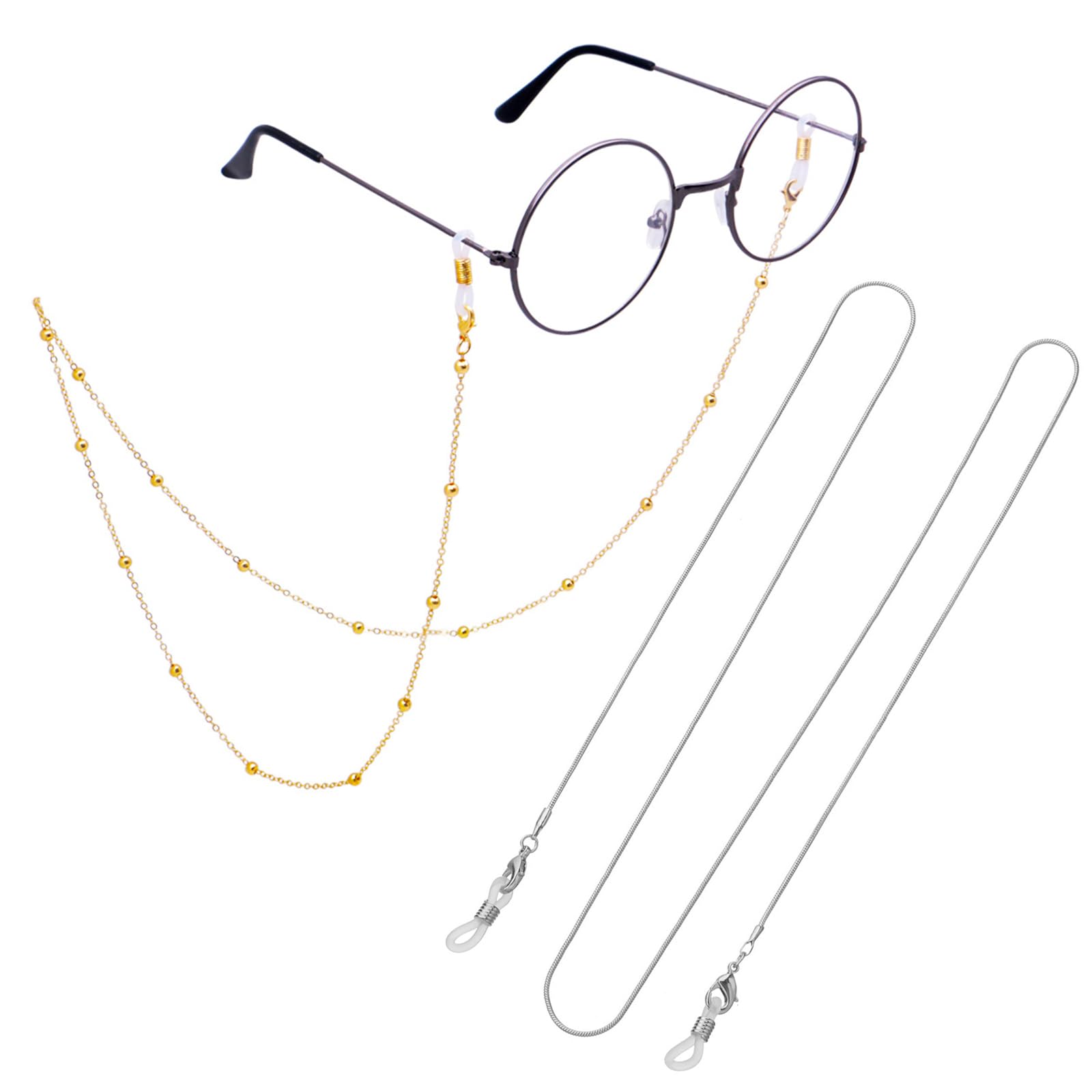 RUOXIXI Pack de 2 Cadena para Gafas Cadena de Sol de Eyeglass Chain, Cadena Gafas, Cordón para Gafas de Metal Antideslizante Cuerda Gafas, Cordones para Mujer, Elegante Soporte,Color oro/plata