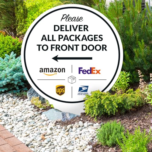 Image of Package Delivery Sign, Delivery Instructions Deliver All Package to Front Door Left Arrow Sign, 9x17 Inches Round Shape, Aluminum Composite Made in USA by Sigo Signs