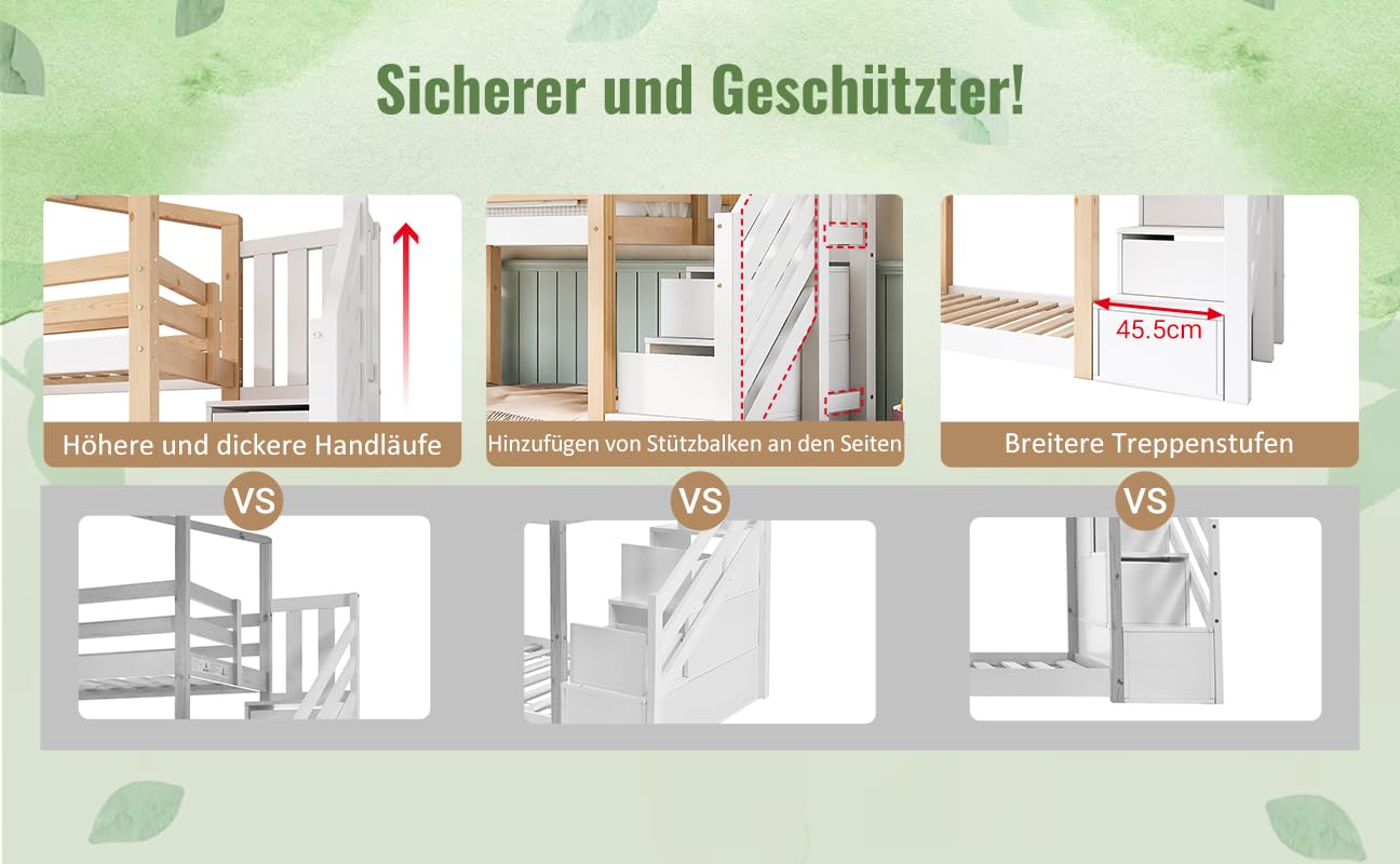 ZYLOYAL10 Kinderbett Baumhaus mit Speicherung und Rausfallschutz 90 x 200 cm, Hochbett für Kinder– 2X Lattenrost (Natur)