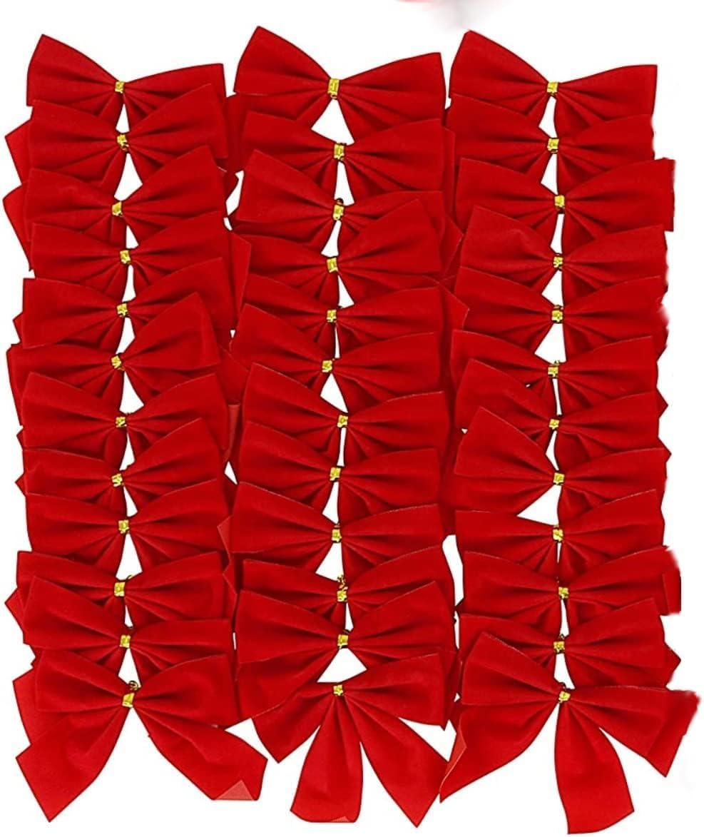 Mini Red Christmas Bows Pack of 24-3.5” x 3.5” Small Bows for Christmas Tree - Red Velvet Bows for Ornaments, Crafts, Candy Canes - Gold Wire Twist Tie for Easy Attachment