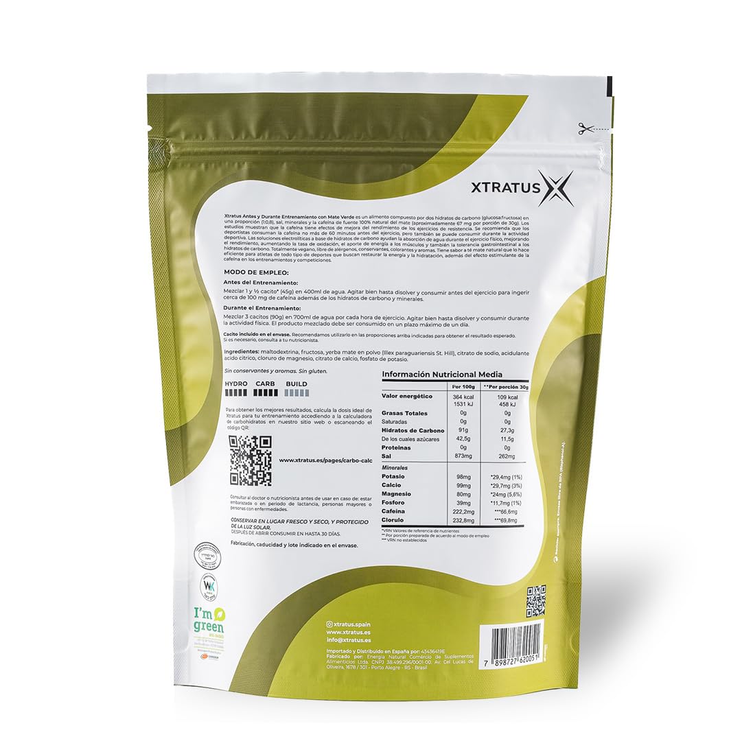 Bebida Deportiva En Polvo Con Cafeina Natural De Mate Verde Con Carbohidratos Mezcla 1-0'8 Y Electrolitos Para Hidratacion Y Rendimiento Deportivo 1Kg XTRATUS
