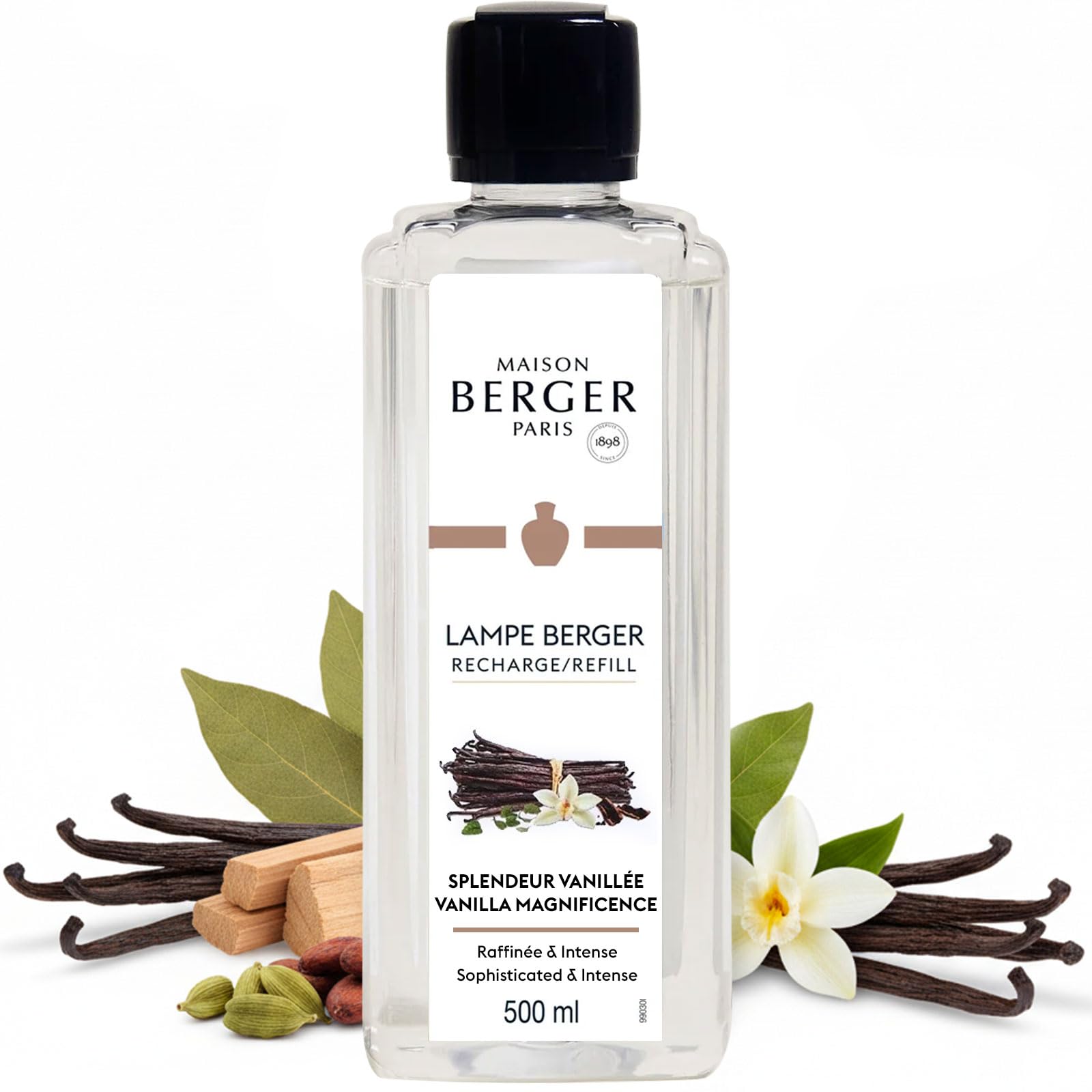 MAISON BERGER Vanilla Magnificence Lamp Berger Fragrance Refill, 500 mL – 2-in-1 Catalytic System, Neutralizes Odours Then Diffuses Fragrance, Intense Vanilla with Amber, Incense and Spices