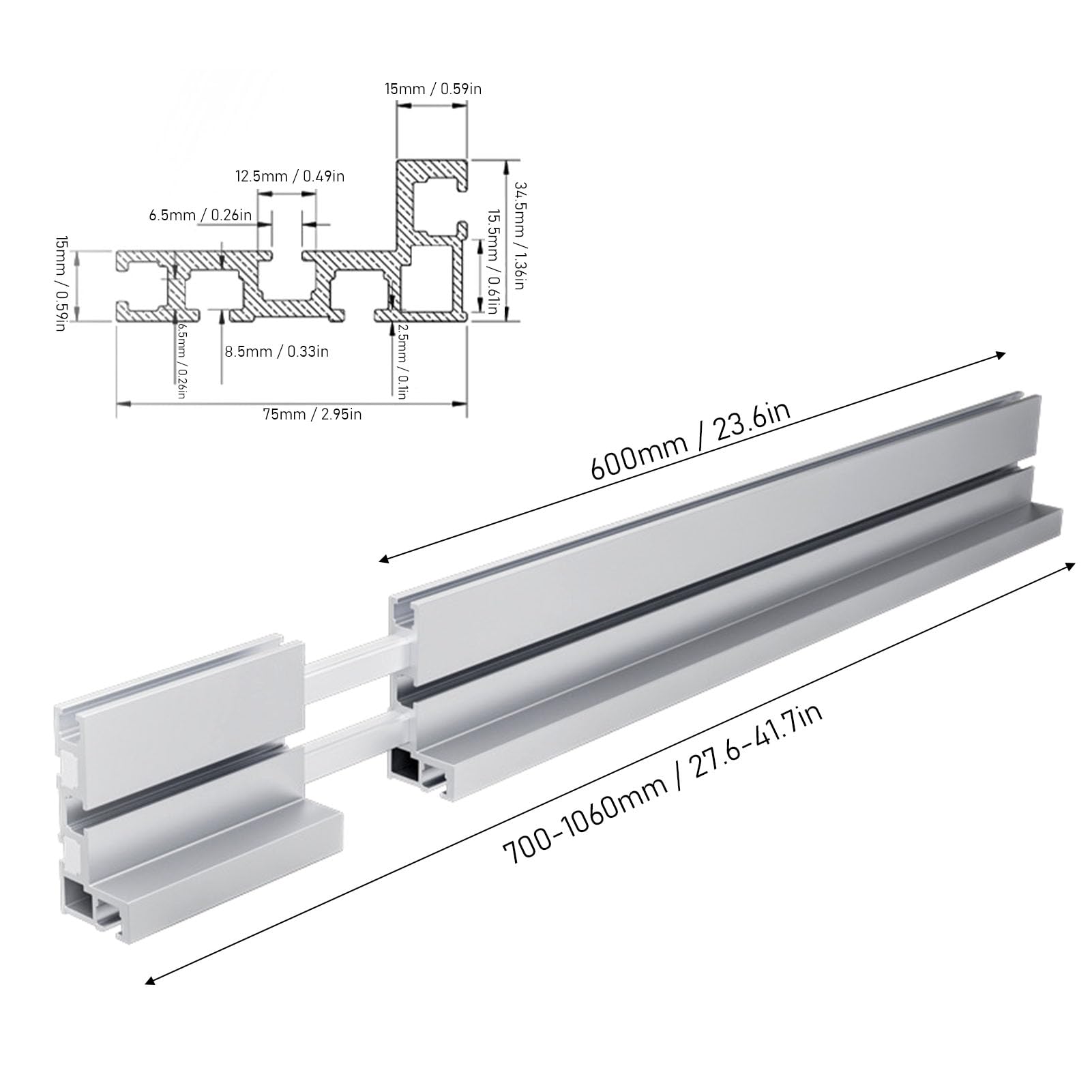Table Saw Miter Gauge Fence, 700mm to 1060mm Telescoping, T Track Flip Stop Bar - Image 3