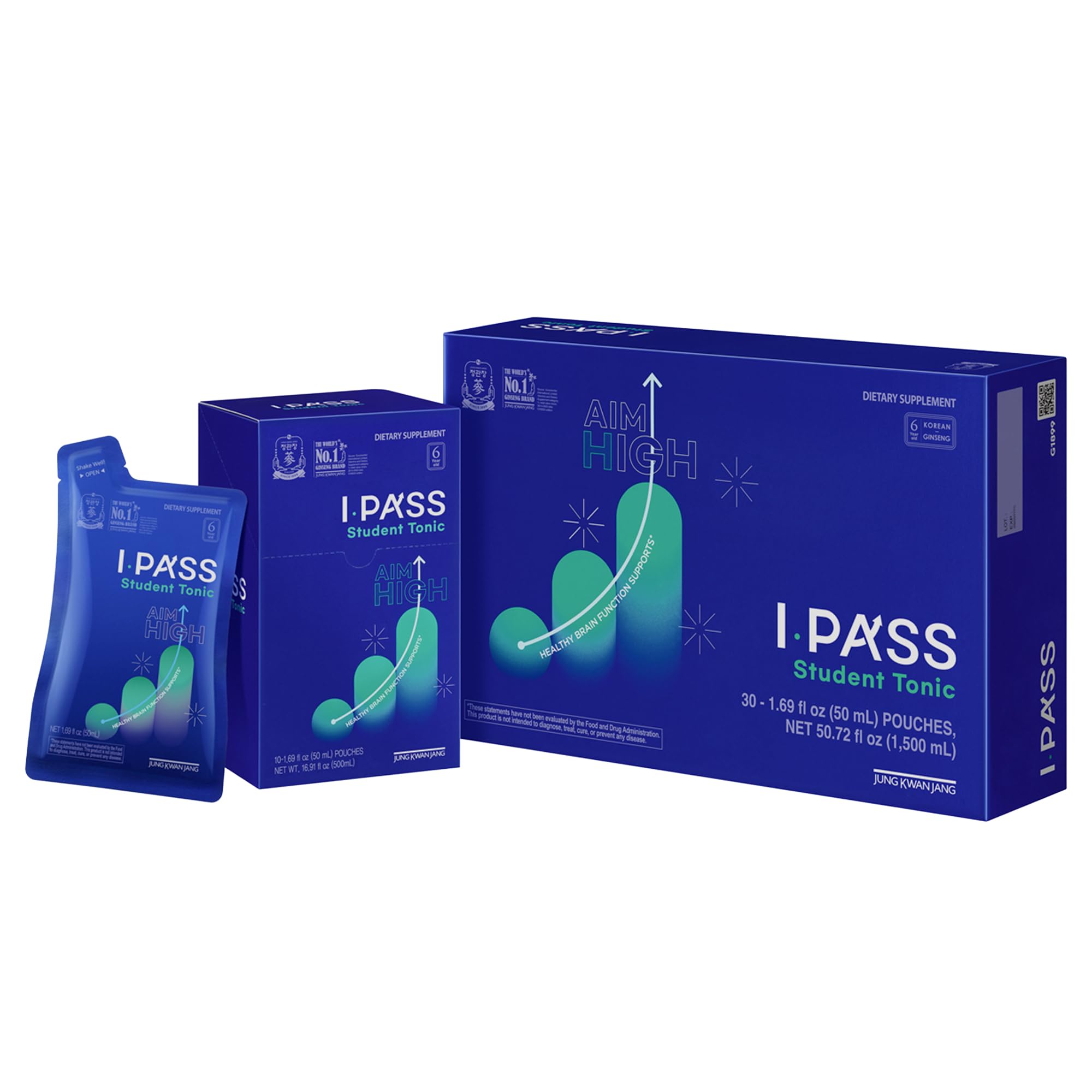 JungKwanJang iPass Student Tonic - Adaptogen Energy Drink Supplement with Korean Red Ginseng, Jujube, Astragalus & Angelica - Daily Support for School and Activities (30 Pouches, 1.69 fl oz)