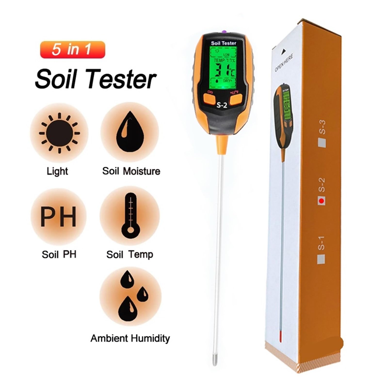 Humidimètre pour Sol, Testeur de Sol en Pot 6 en 1, détecteur de pH, Compteur d'acidité, Compteur d'éclairement, Compteur d'hygromètre de température pour Le Jardinage et l'agriculture(S3)