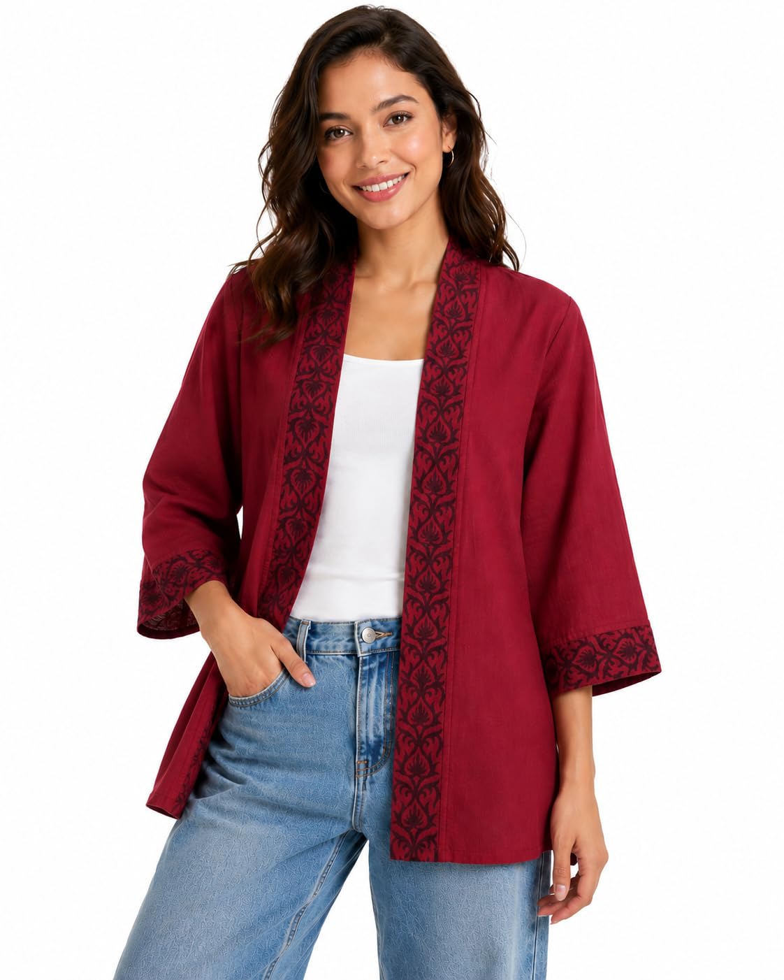 Yuma Fashion Women’s Hand Block Printed Cotton Linen Kimono Shrug | Open Front Short Kimono Jacket | Casual Ethnic Cover Up for Women | Free Size-image-45