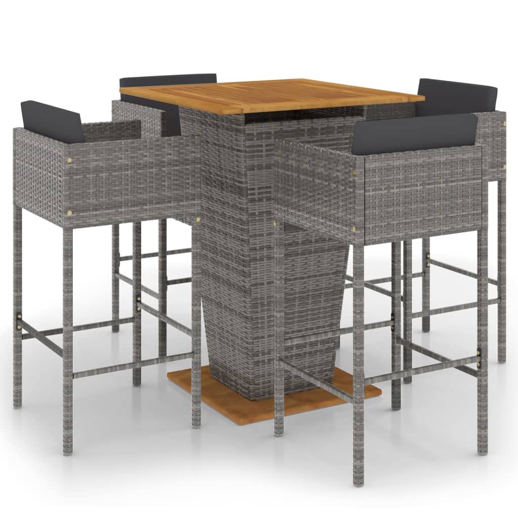 Ensemble de Bar de Jardin 5 pièces avec Coussins, Table et Chaises de Patio en Résine Tressée Gris