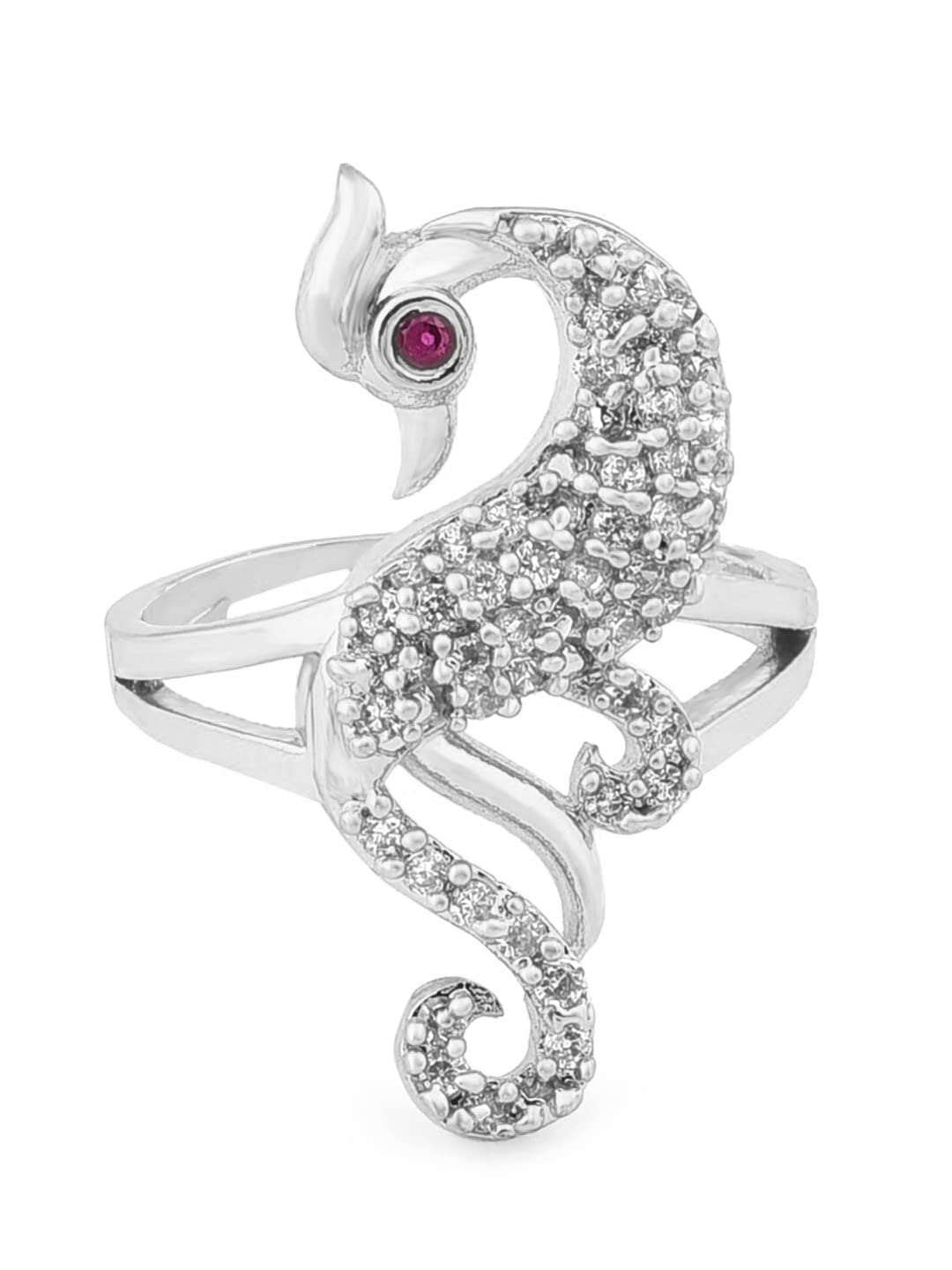 Silver Tone Peacock Inspired Contemporary Cubic Zirconia Adjustable Brass Ring For Women-ZPFK19626-image-36