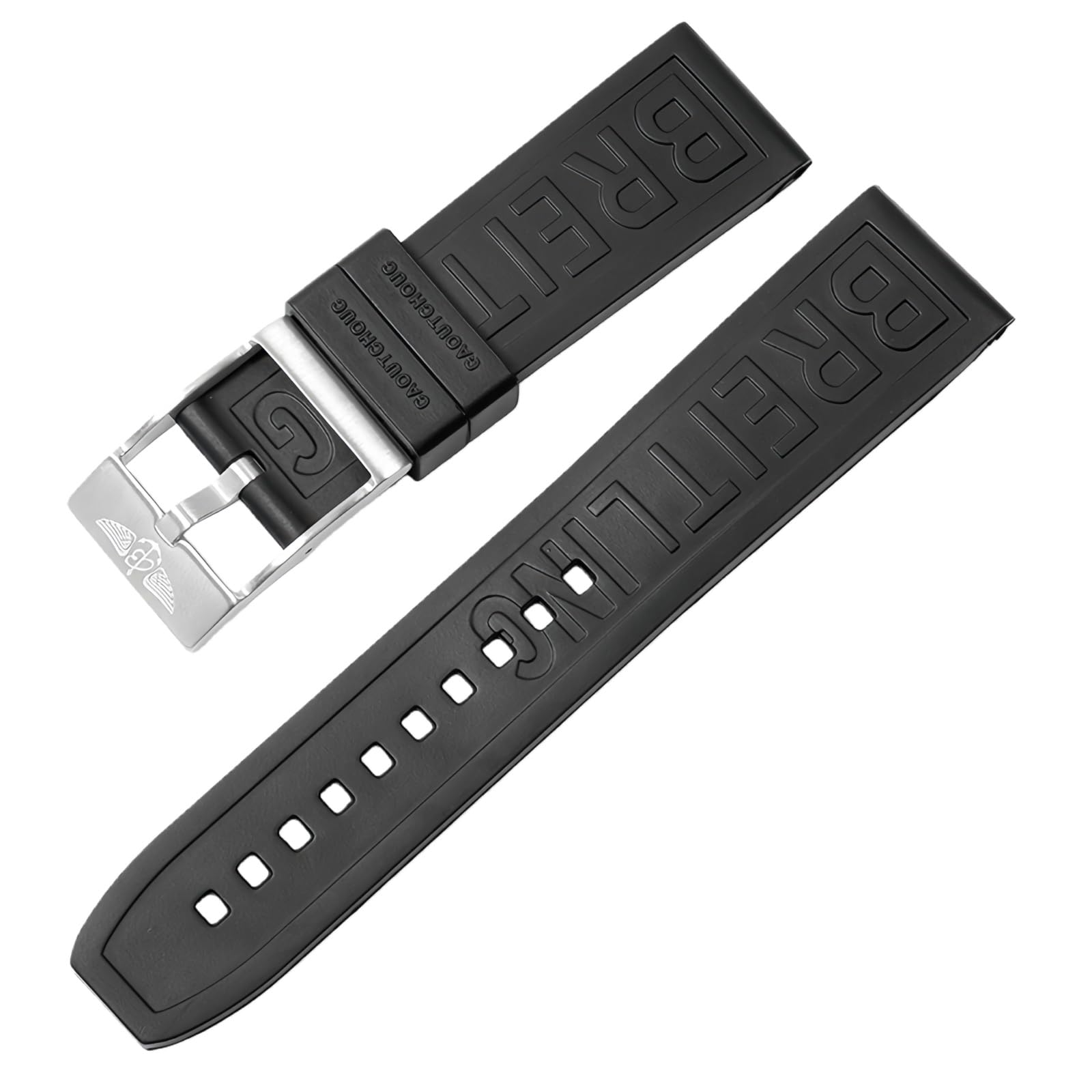 ROUHO Sweatproof Silicone Wristband Replacement Watchband Durable Rubber Watch Strap for Breitling Superocean Avenger-Black + Silver Buckle 22mm