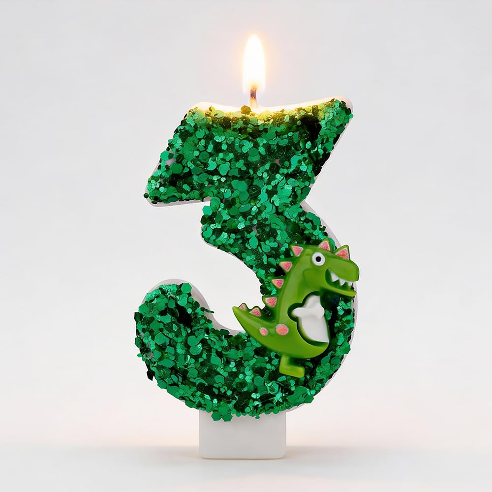 Hsc Boys Green Dinosaur 3Rd Birthday Candle - Long Burning Safe Non-Toxic Number 3 Candle With Dinosaur Topper For Cake Decorations (Green)