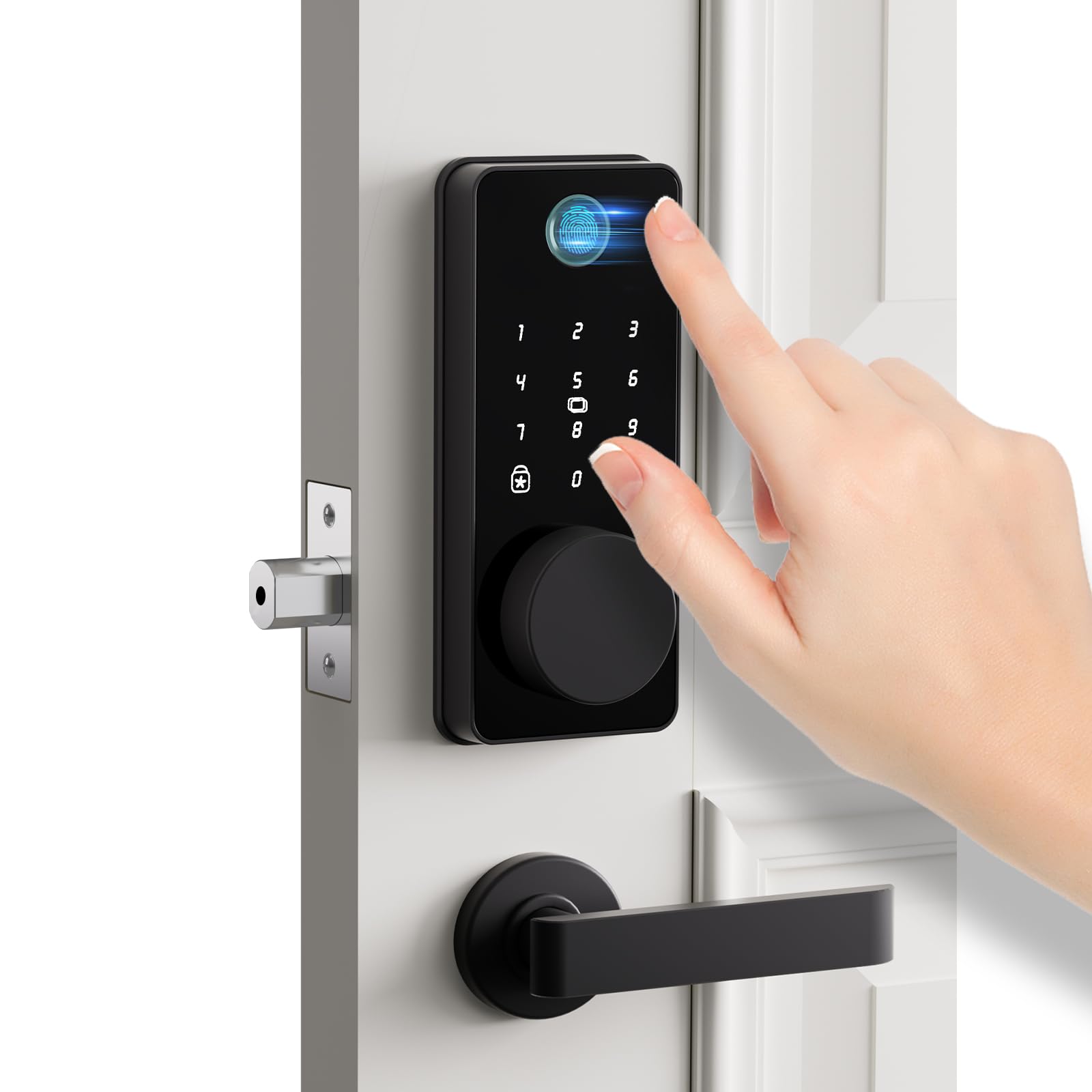Biquole Cerradura inteligente para puerta delantera, cerradura de puerta de entrada sin llave con teclado, cerraduras electrónicas digitales con huella dactilar, control de aplicación por Bluetooth