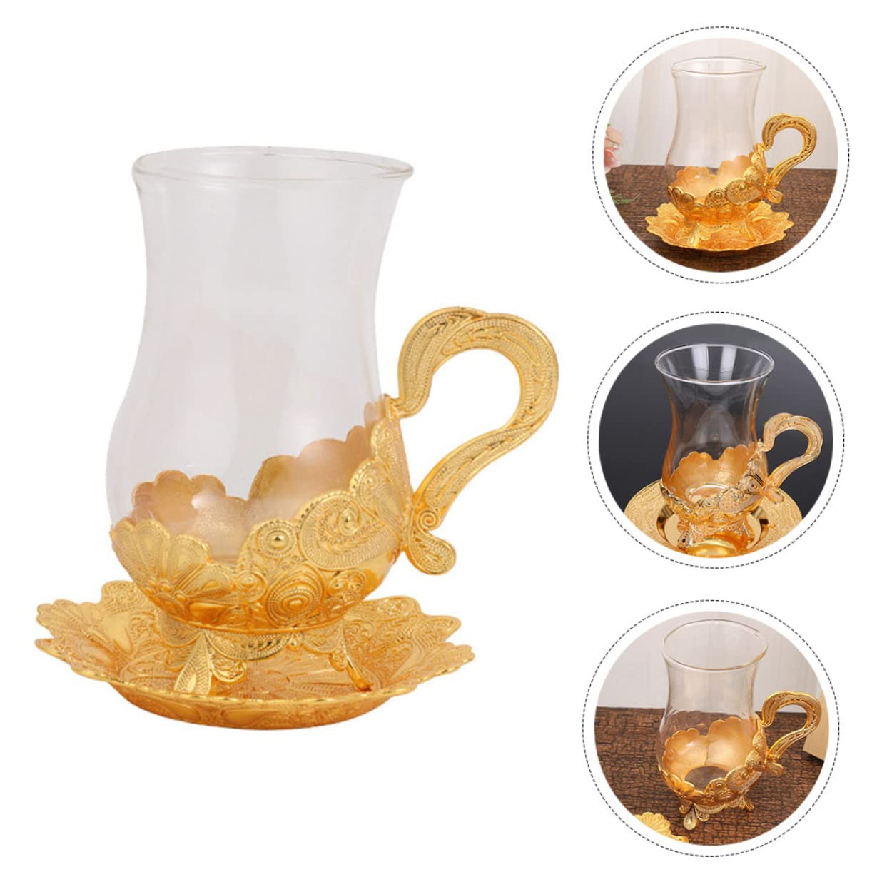 GLEAVI Juego De 3 Tazas De Vidrio De Aleación De Zinc Taza De Café Con Platillo Tazas Y Platillos Taza De Café Taza De Café Taza De Té Y Taza De Té