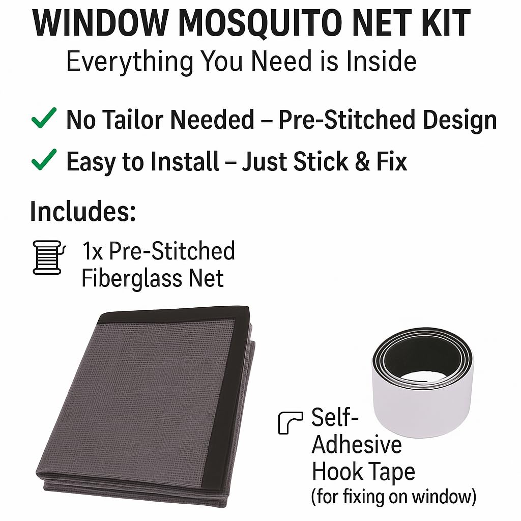 Soul-neverends Pre-Stitched Window Mosquito Net, Grey Fiberglass, Rectangular, Self Adhesive, Ready to Use with Fastener Tape (Grey, 25CMX25CM - Fixed Size) 2