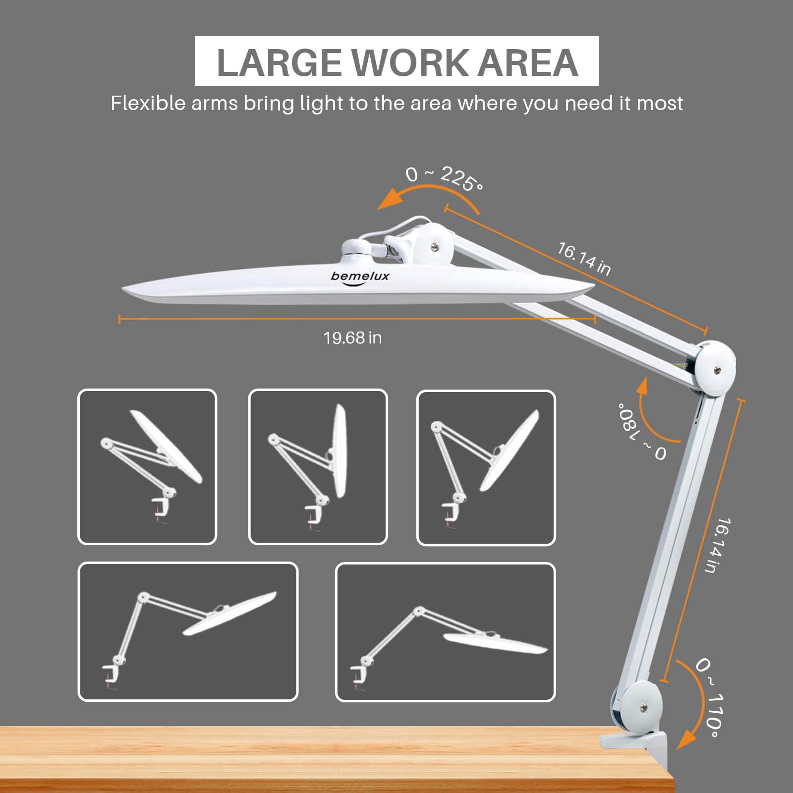 Lámpara LED de escritorio para uñas con abrazadera, 117 LED, 2200 lúmenes, 200 lúmenes, lámpara de tareas de atenuación de brazo giratorio de metal de 20 pulgadas para lectura, oficina de 3