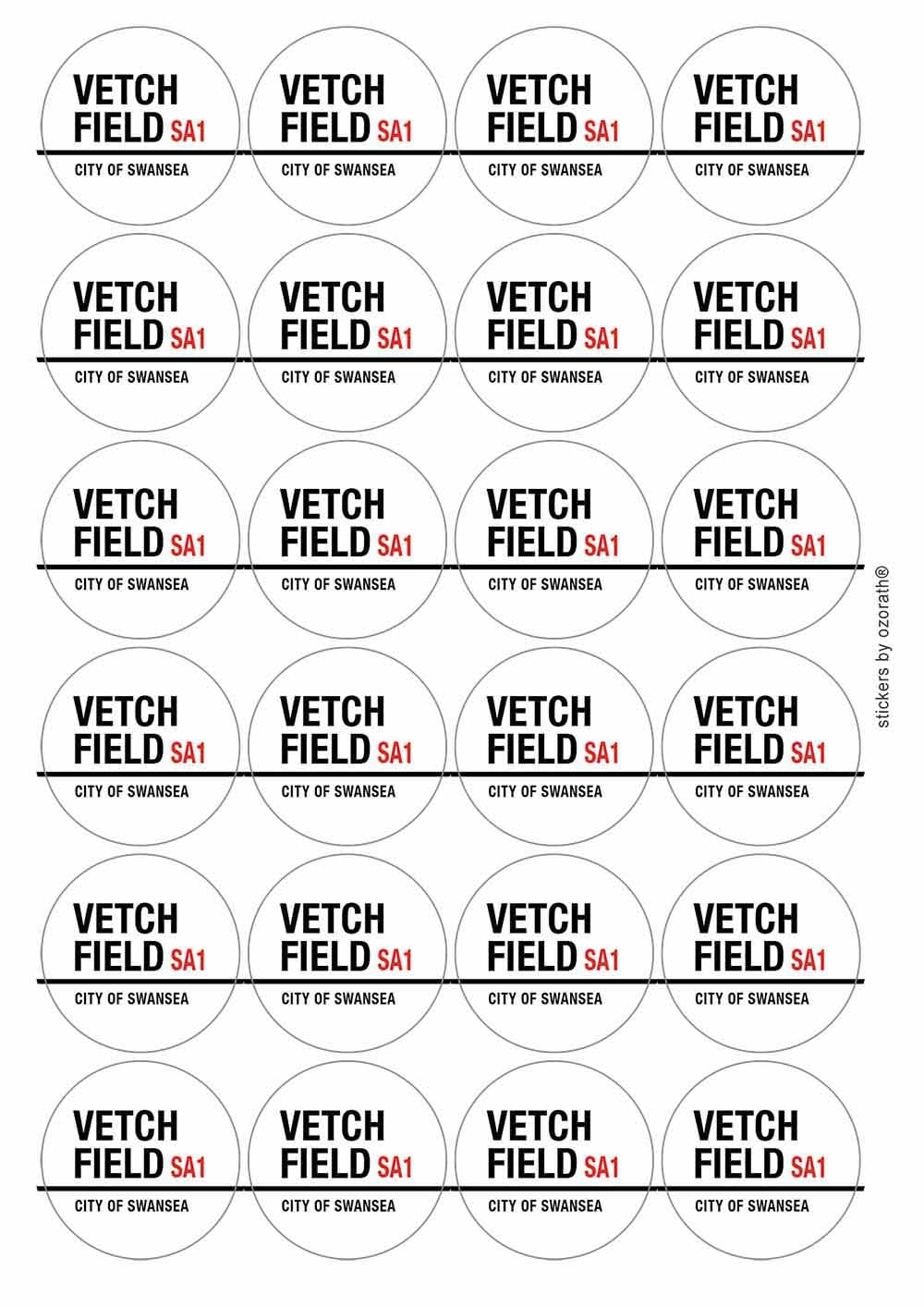 Vetch Field City of Swansea SA1 Road Sign Circular Matt Paper Stickers A4 Sheet of 24 (Each Sticker is 45mm Diameter)