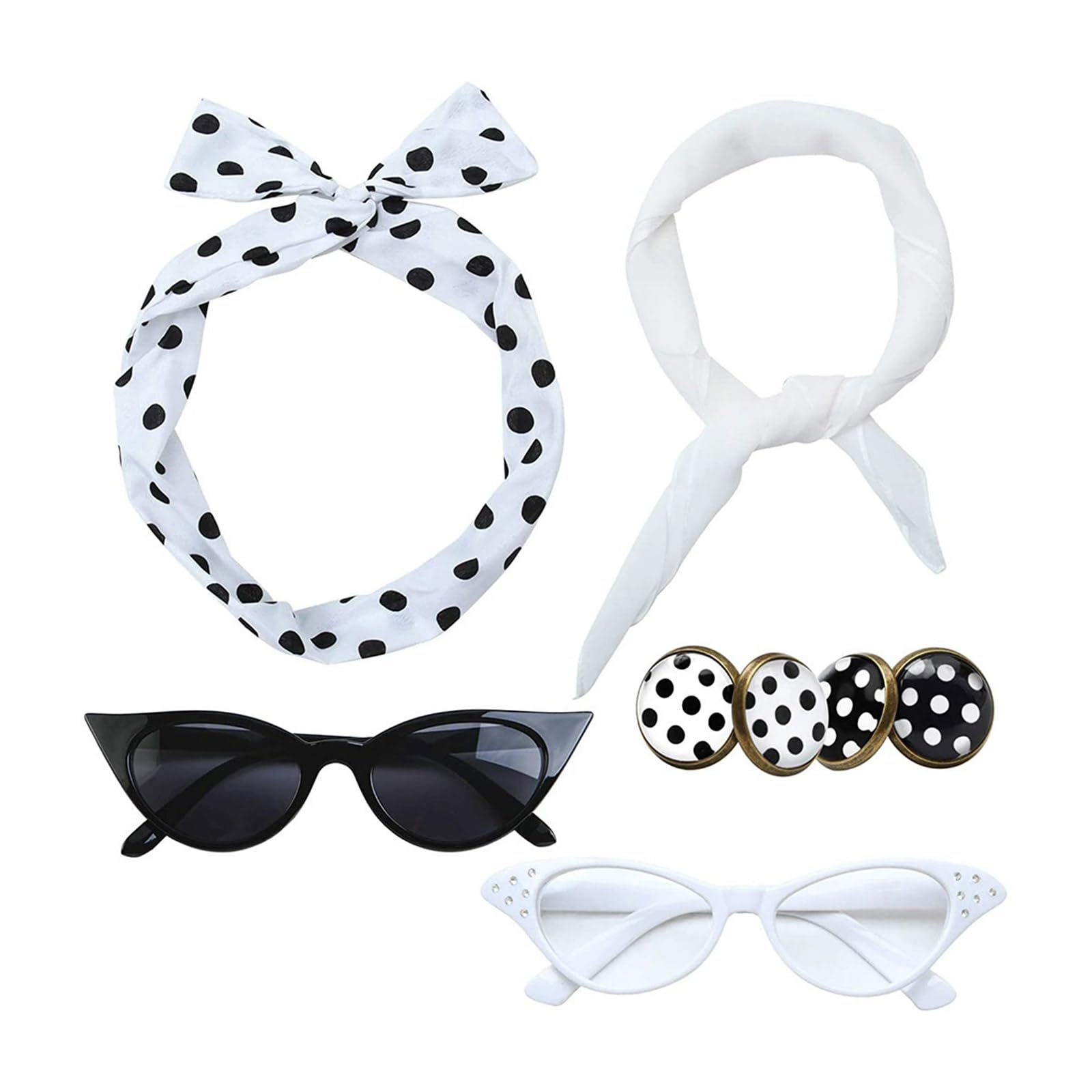 RKJRTK 50s Costume Accessories Set, Chiffons Scarf Cats Eye Glasses Bandana Headband Earrings, 1950s Outfits For Women, Chiffons Scarf Cats Eye Glasses Bandana Headband Earrings