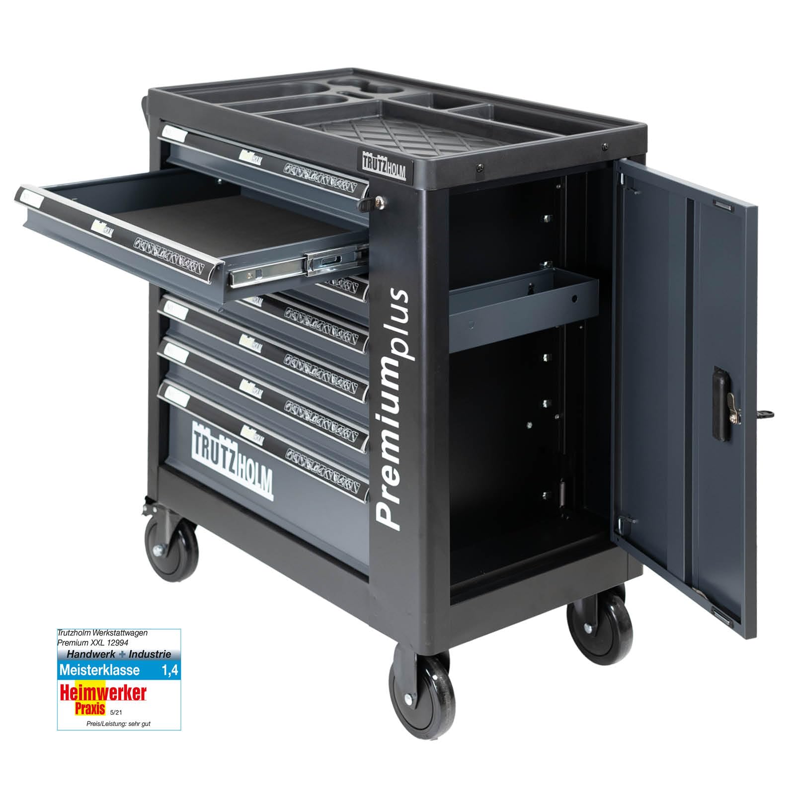 TRUTZHOLM Werkstattwagen Premium Plus unbestückt, Werkzeugwagen leer mit 7 Softclose-Schubladen, Seitentür, Zentralverriegelung, Interlock-System, abschließbar, Mobile Werkzeugaufbewahrung Anthrazit