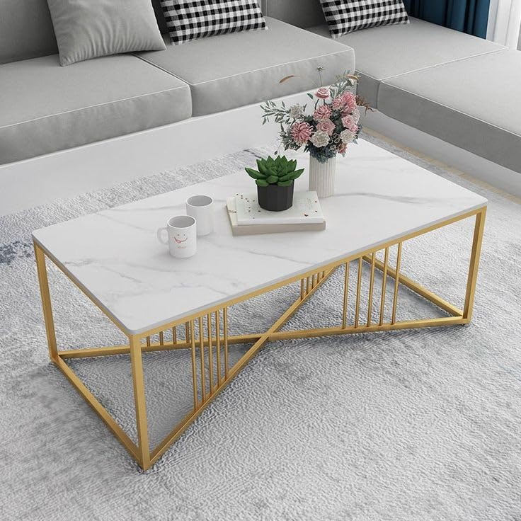 Furniture Cafe Modern Rectangular Coffee Table with White Marble Top and Black Metal Frame - Contemporary Center Table for Living Room (Golden & White)-image-37