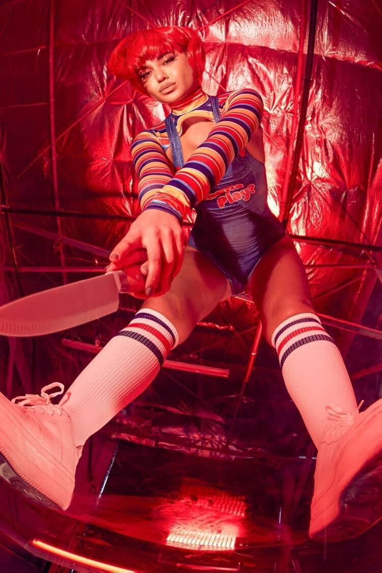 【5 Sizes】Halloween Chucky Costume for Women Wanna Play Bolero Top Overall Bodysuit Knee-high Socks Scar Tattoos Prop Knife - Image 5