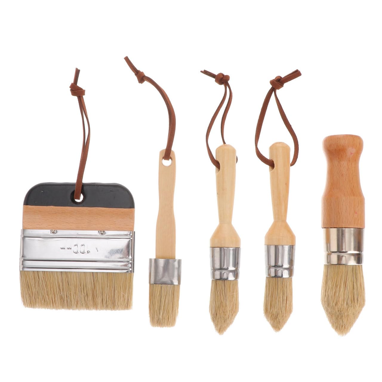 Set de Pinceaux Peinture à Poils de Sanglier Lot de 5 Bois, Brosse Ronde pour Peinture à l'huile, pour Plafonds et Meubles