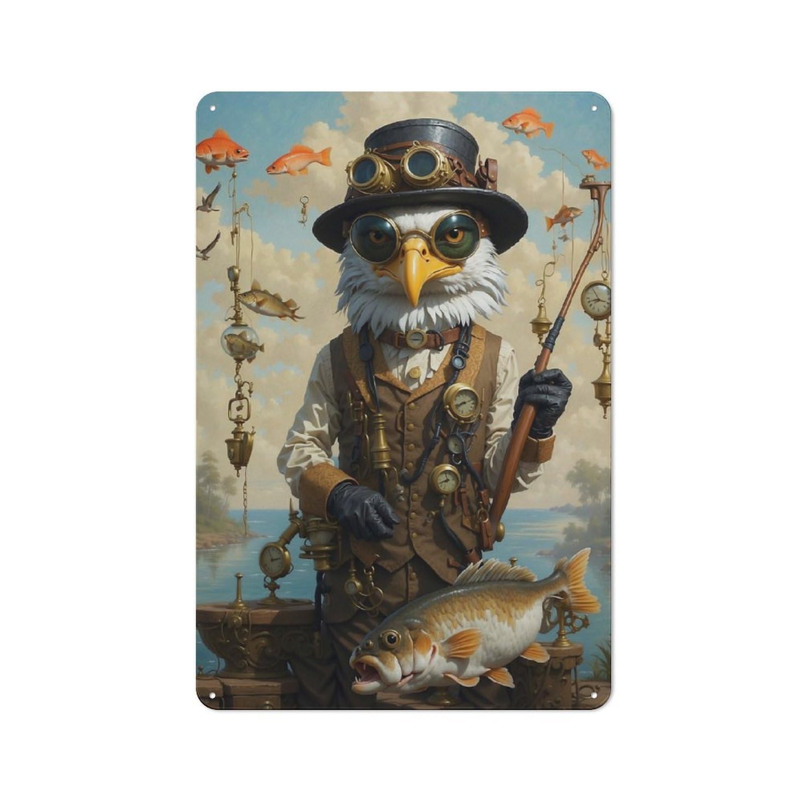 Old Style Steampunk Bass Bald Eagle Vintage Metal Sign 30x20cm, Bar Wall Plaque for Pub, Home Bar, Shed Or Man Cave