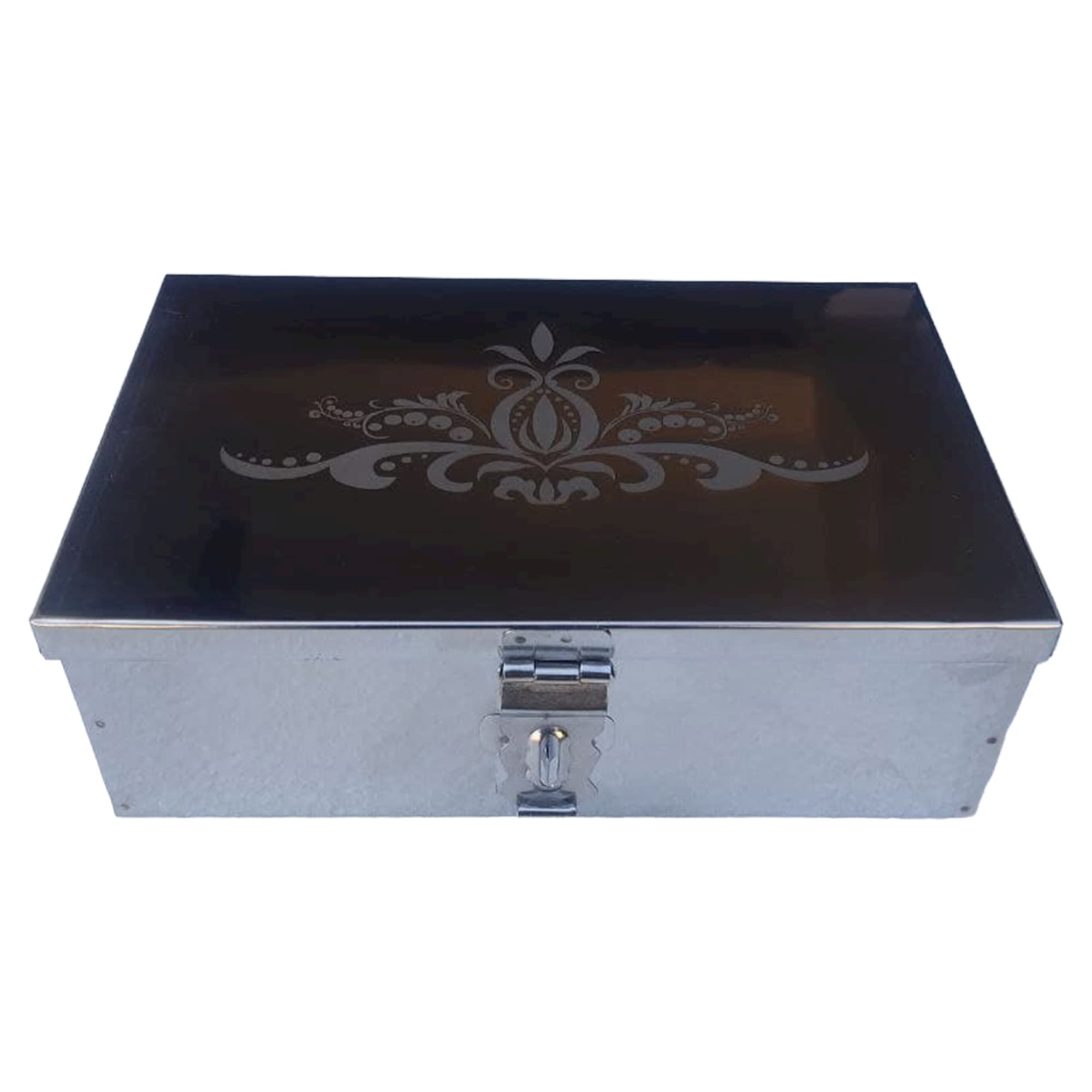 Stainless Steel Storage Boxes,Cash Peti, Pooja Peti,Organizer, Vanity Box, Safe Locker Box 8 inch Storage Box (Steel) W-8", H-2.50", L-5" Cash Box With Laser Print Design-image-48