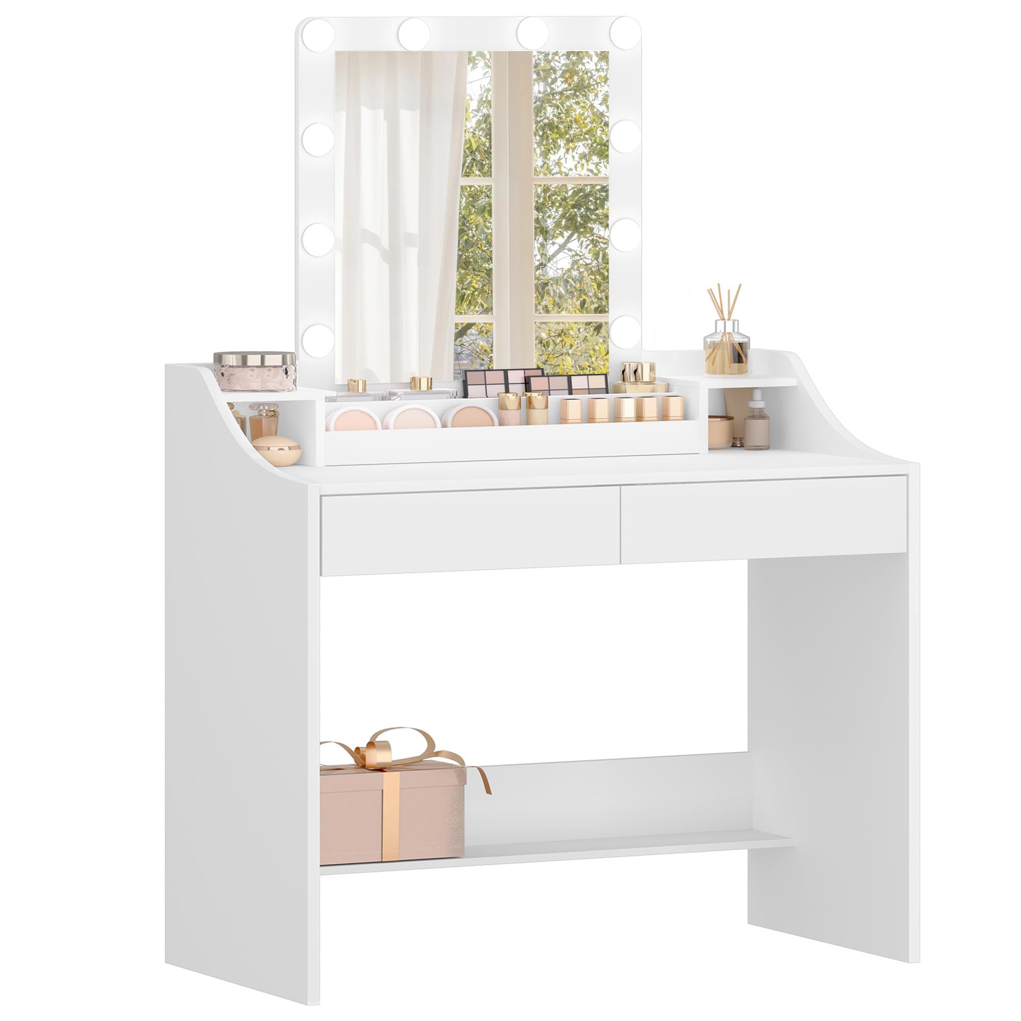 Hzuaneri Dressing Table with Bulb Lights, Adjustable Brightness and Color, Vanity Table with Mirror, Vanity Desk with 2 Drawers and 2 Open Compartments, Modern, 90 cm Desktop, White DT40703XUK