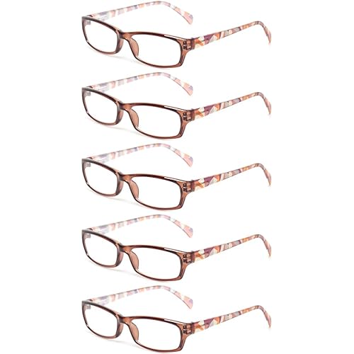 Reading Glasses 5 Pairs Fashion Ladies Readers Spring Hinge with Pattern Print Eyeglasses for Women (5 Pack Purple, 3.5)