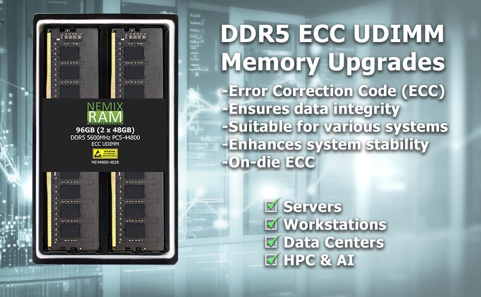 Miniatura 4 de 32GB 2X16GB DDR5 5600MHZ PC5-44800 2Rx8 1.1V CL46 288-PIN ECC Unbuffered UDIMM NEMIX RAM Memory KIT