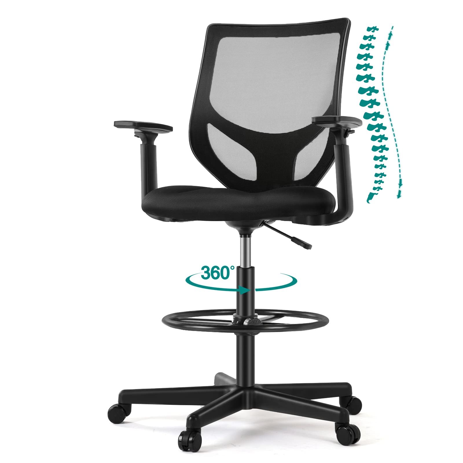 OLIXIS Tall Drafting Chair - Tall Standing Office Desk Chair with Adjustable Foot Ring, Chair with Ergonomic Lumbar Support, Adjustable Height, Breathable Mesh