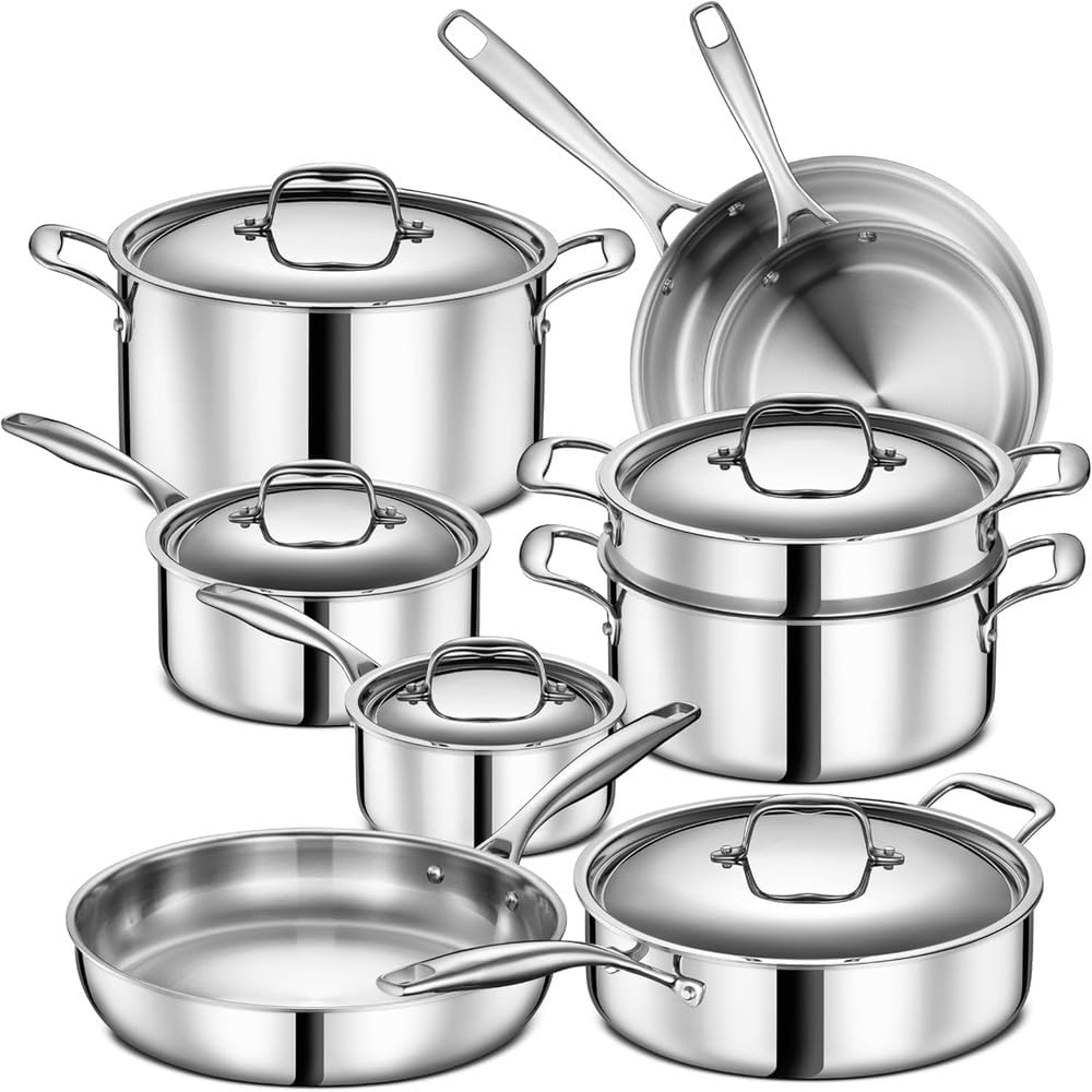 14 Piece All Stainless Steel Heavy Pot Frying Pan Set High Quality Cookware 5 Layer Clad Home Cooking, 14 Piece, 1