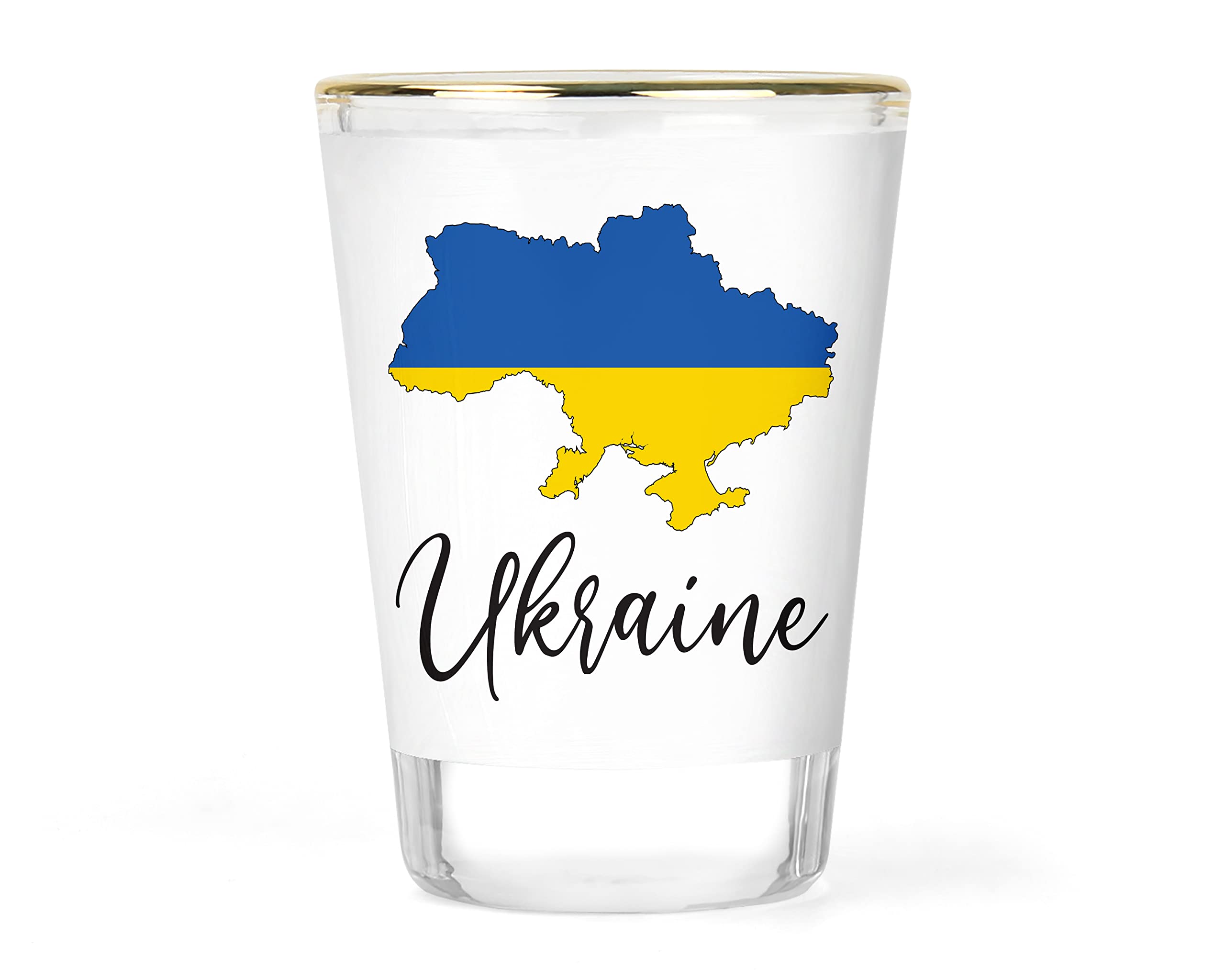 Ukraine Shot Glass Flag Glasses Ukrainian Shotglass Glassware Gift Gifts Support Supporter Barware Map Outline Collectible Novelty Keepsake 1.5 ounce Gold-rimmed Shots Shooter Shotglasses