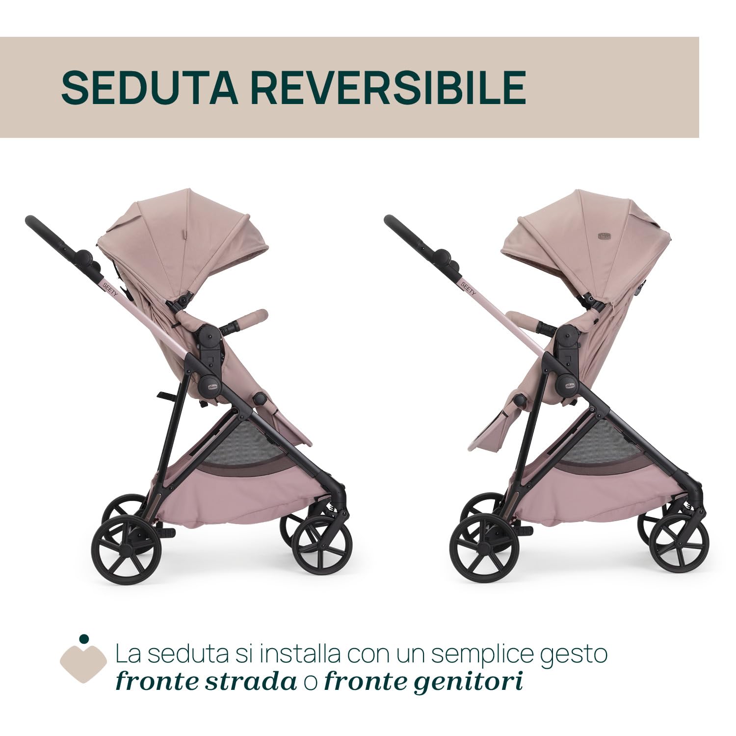Chicco Passeggino Seety, Passeggino Leggero e Compatto Da 0 Mesi a 4 Anni, Portata Max 22kg, Passeggino Pieghevole, Schienale Reclinable, Chiusura Automatica in 1 Gesto, Capotte Parasole e Parapioggia