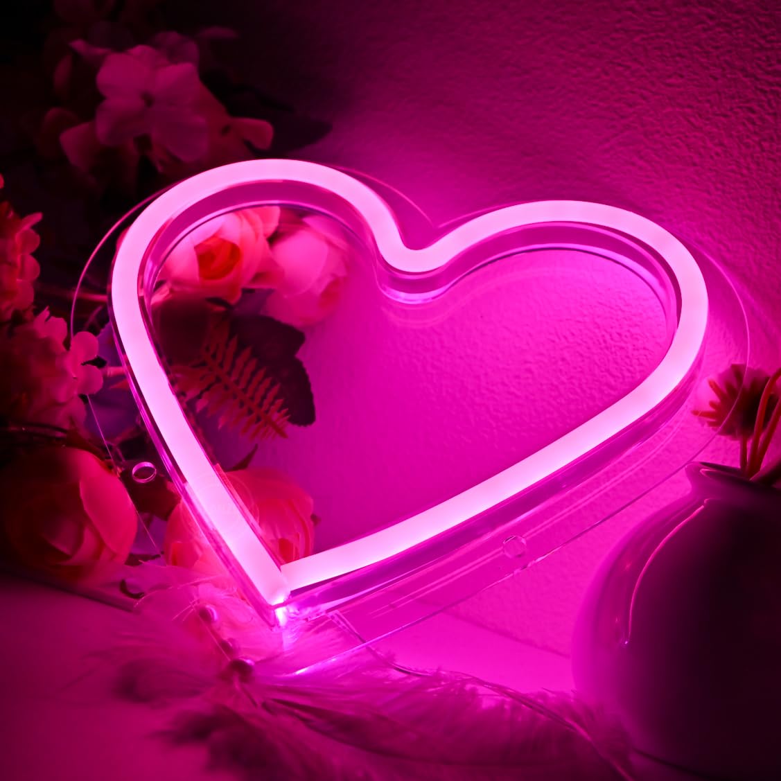 Planzo Neonowy znak LED z różowym sercem, zasilanie bateryjne lub zasilane przez USB, na ślub, walentynki, imprezę, do pubu, znak miłości, prezent urodzinowy, dom, różowy, pokój dziewczęcy, sypialnia