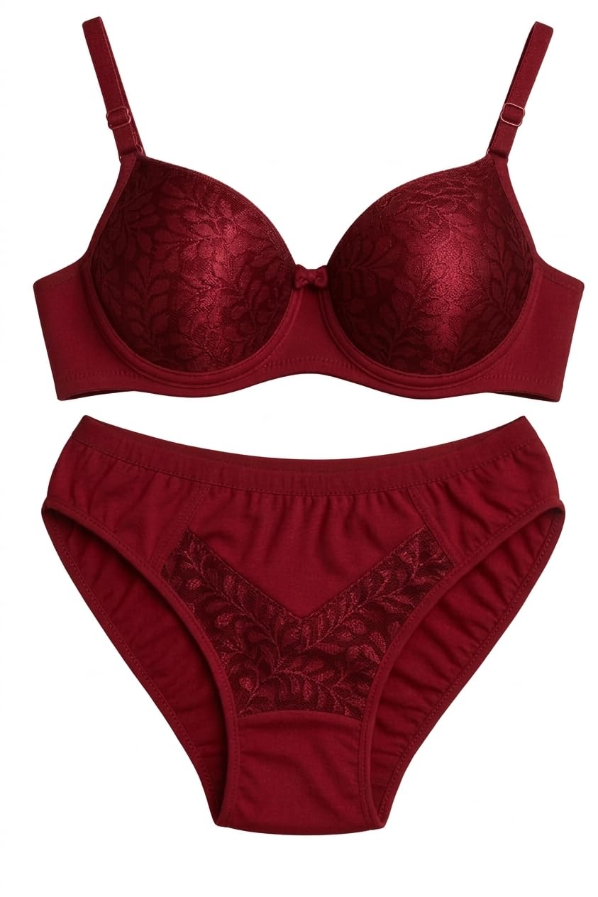 PAARU Women's Lace Bra and Panty Set, Hot Pink, Padded Underwired Bra with Matching Brief-picture-12